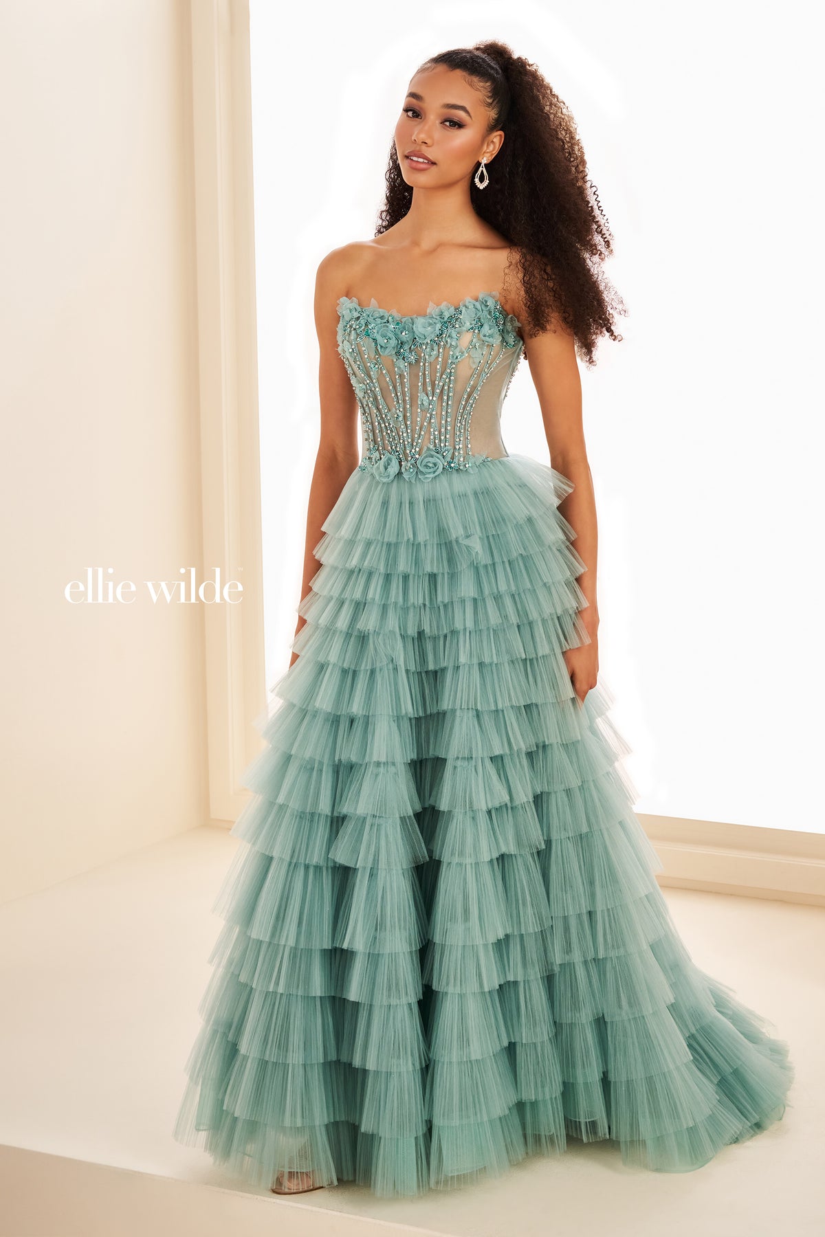 Layered Ruffle Ball Gown With 3D Floral Corset Bodice