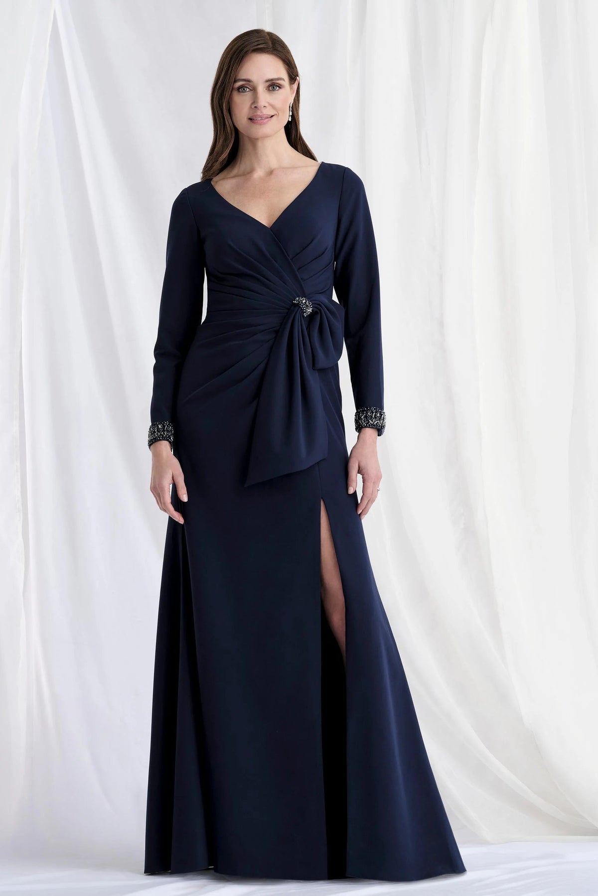 Long Sleeve Bow & Bead Accented Gown