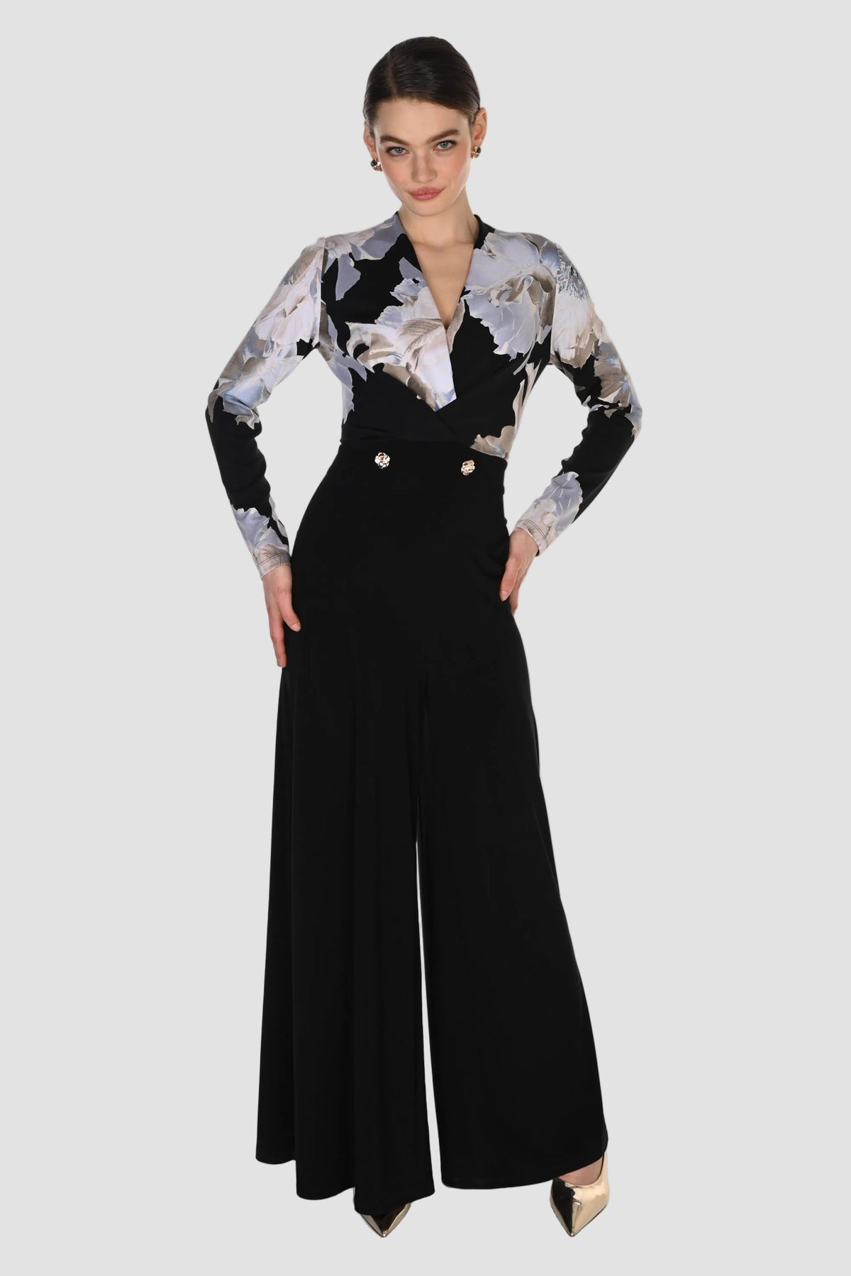 Long Sleeve Floral Bodice Jumpsuit with Gold Button Detail