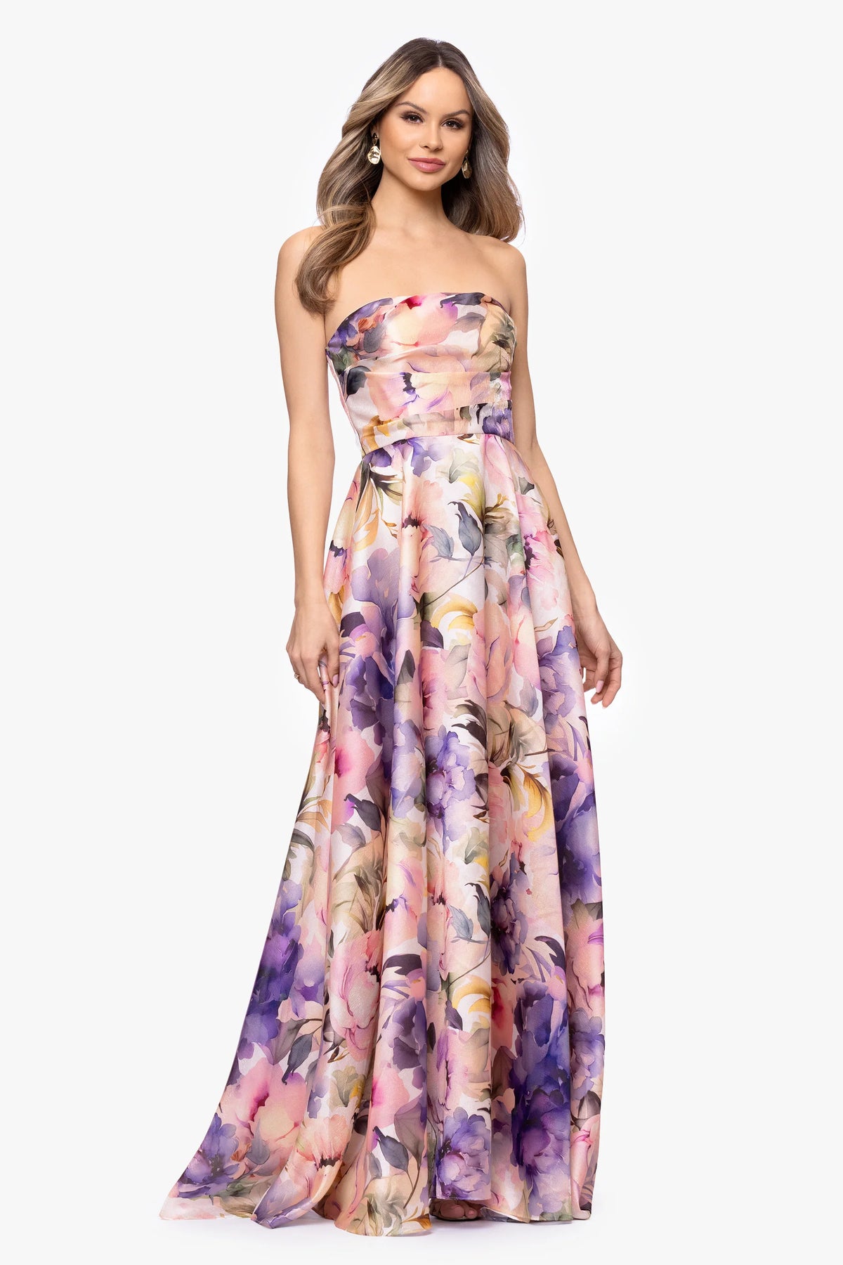 Louisa Organza Floral Printed Strapless Dress
