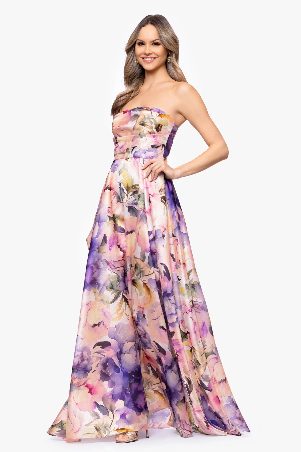 Louisa Organza Floral Printed Strapless Dress