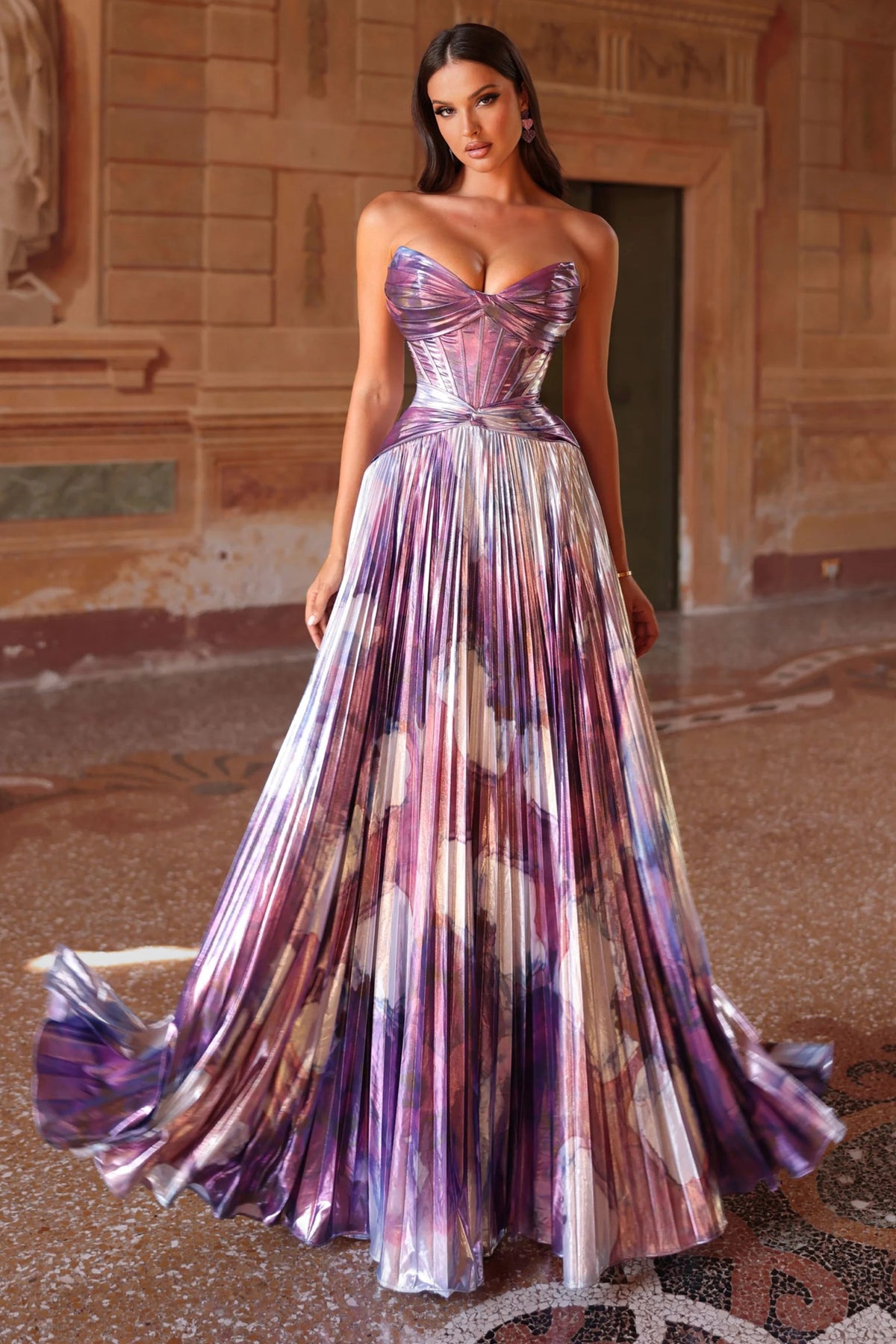 Metallic Print Accordion Pleat Strapless Gown