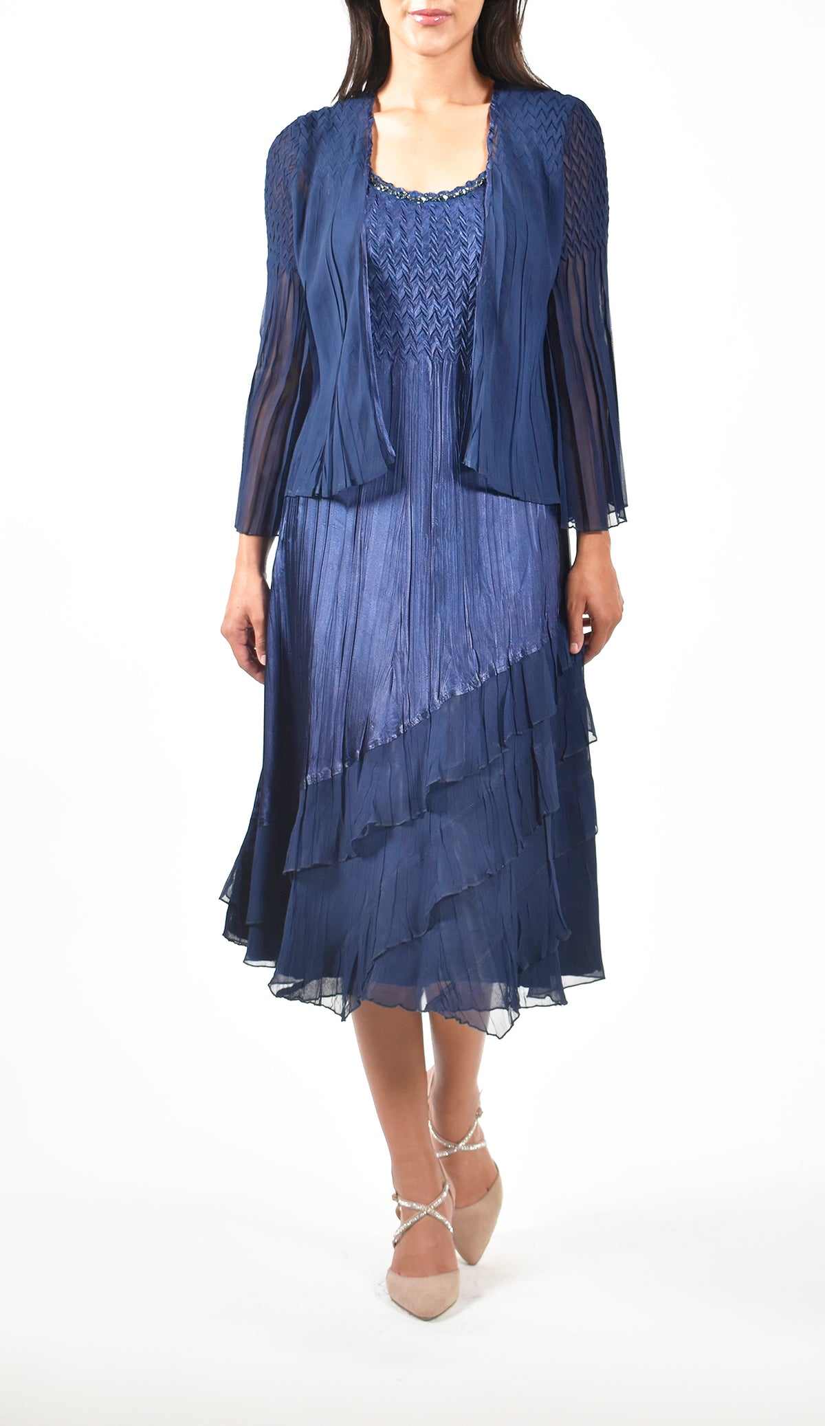 Midnight Navy Pleated Charmeuse Dress With Jacket