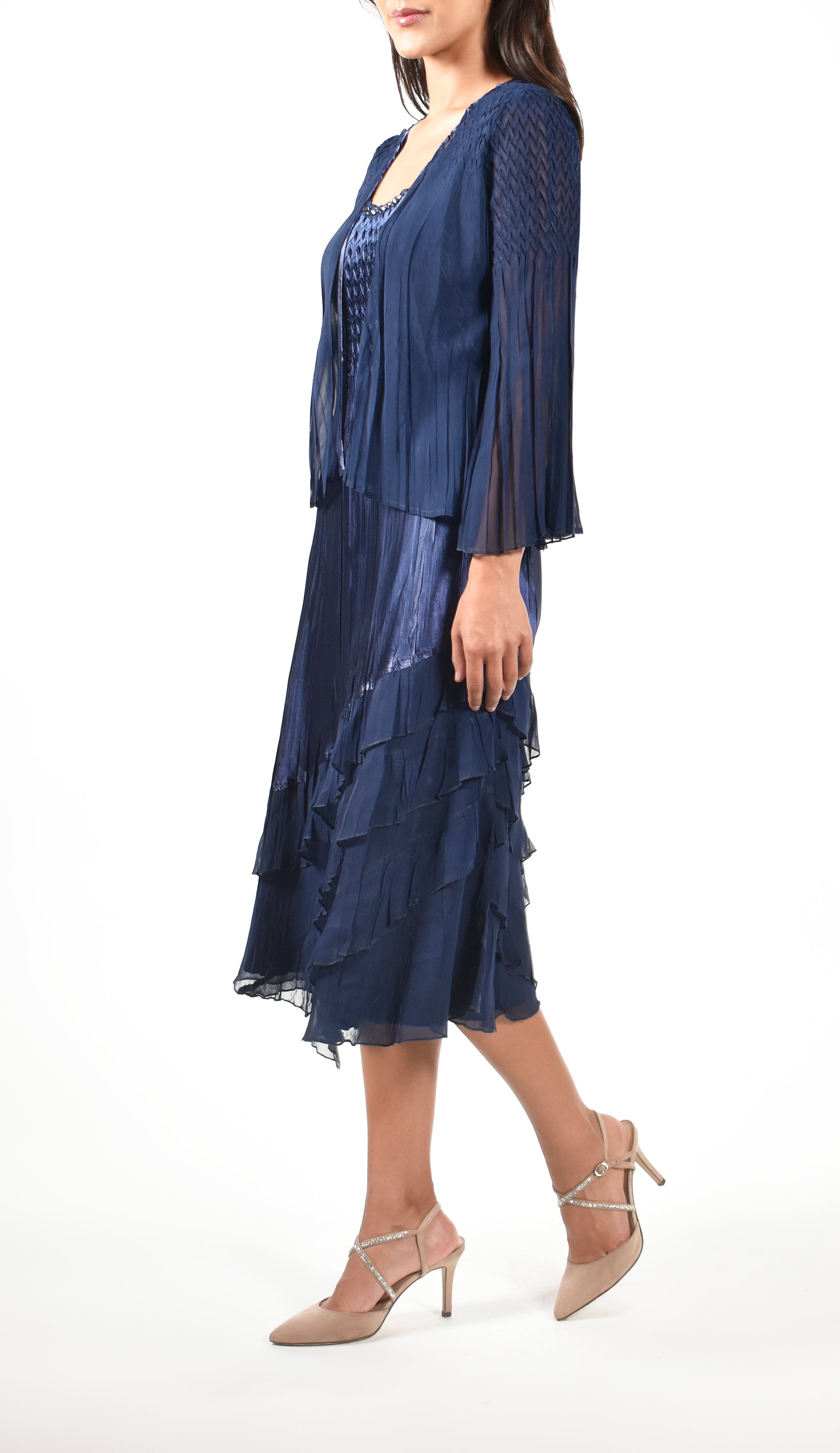 Midnight Navy Pleated Charmeuse Dress With Jacket