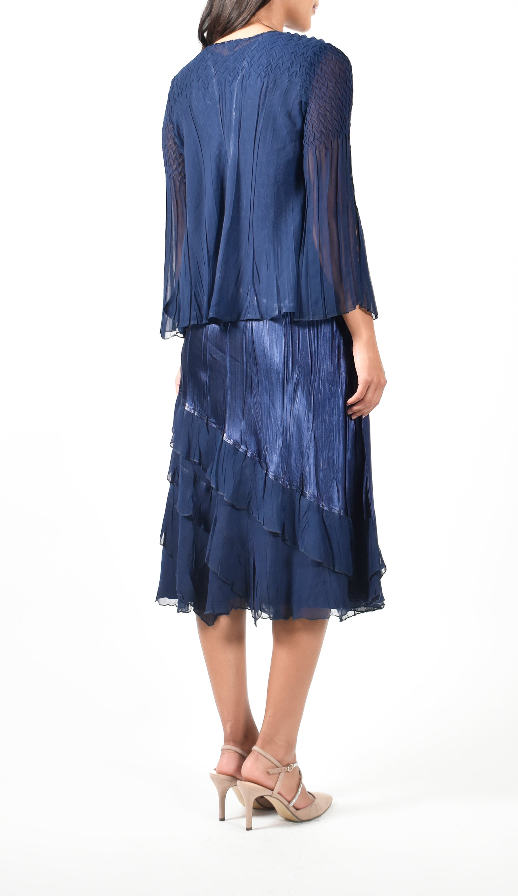 Midnight Navy Pleated Charmeuse Dress With Jacket