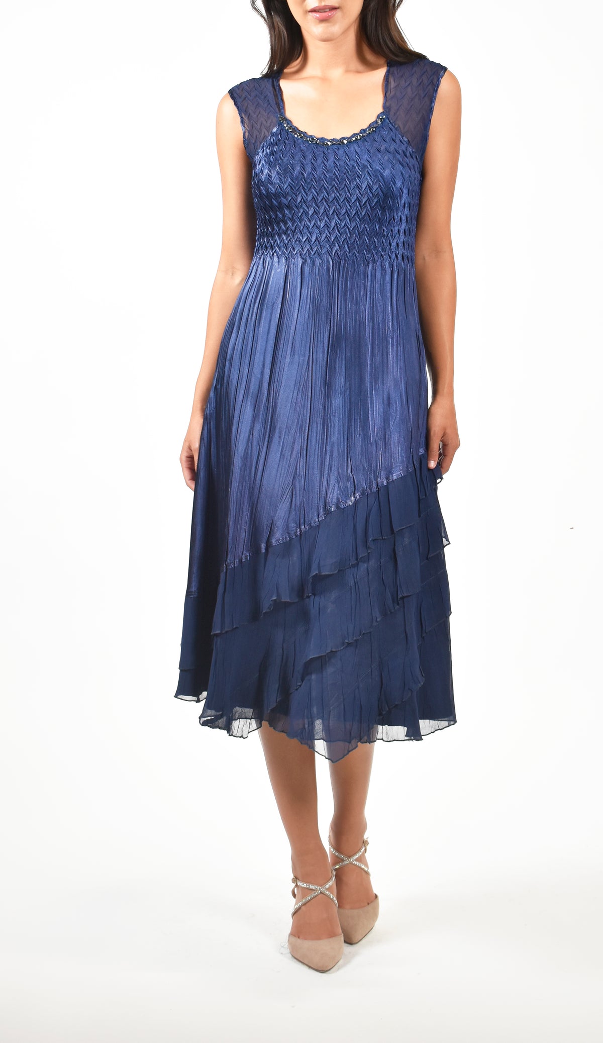 Midnight Navy Pleated Charmeuse Dress With Jacket