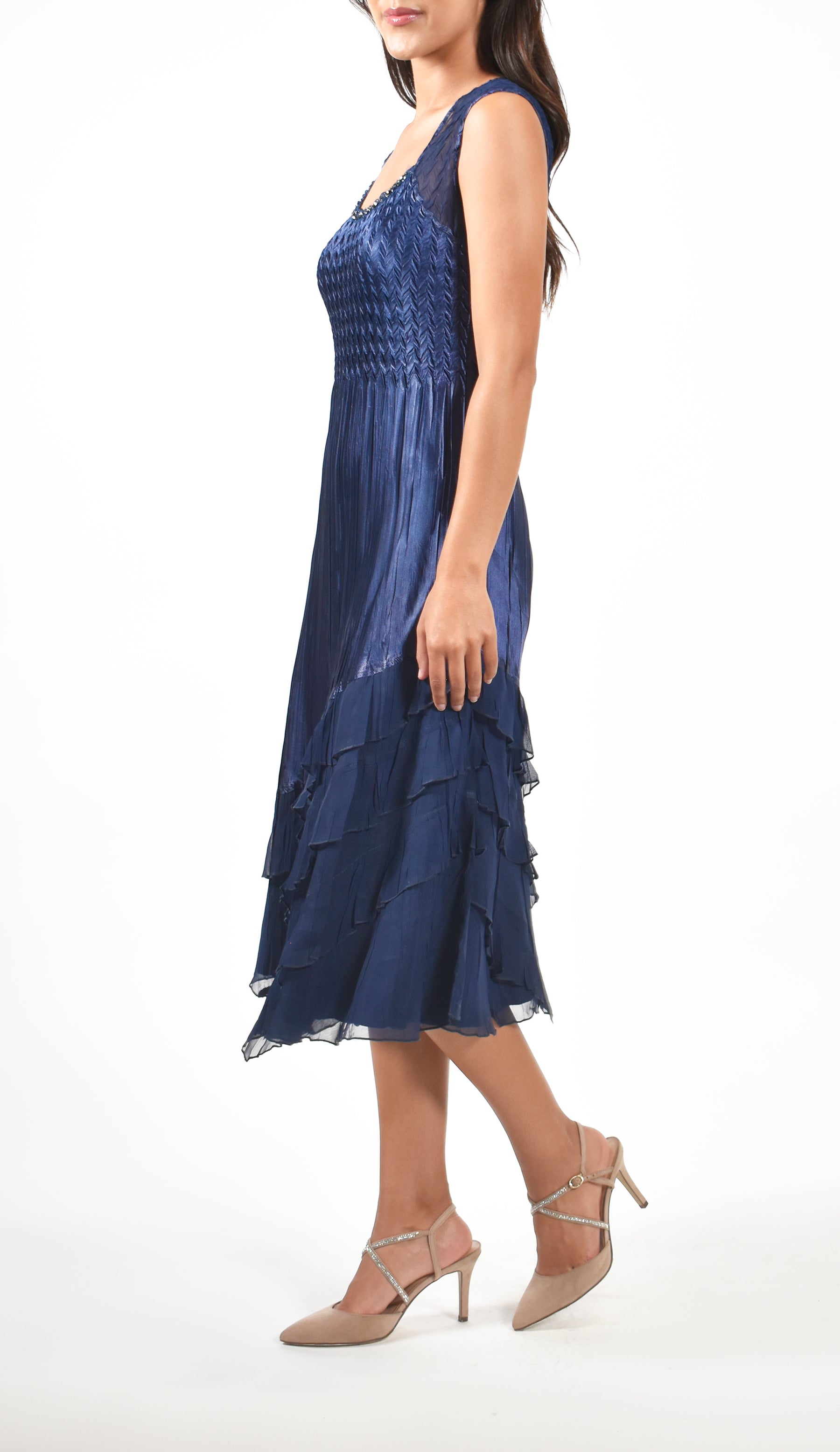 Midnight Navy Pleated Charmeuse Dress With Jacket