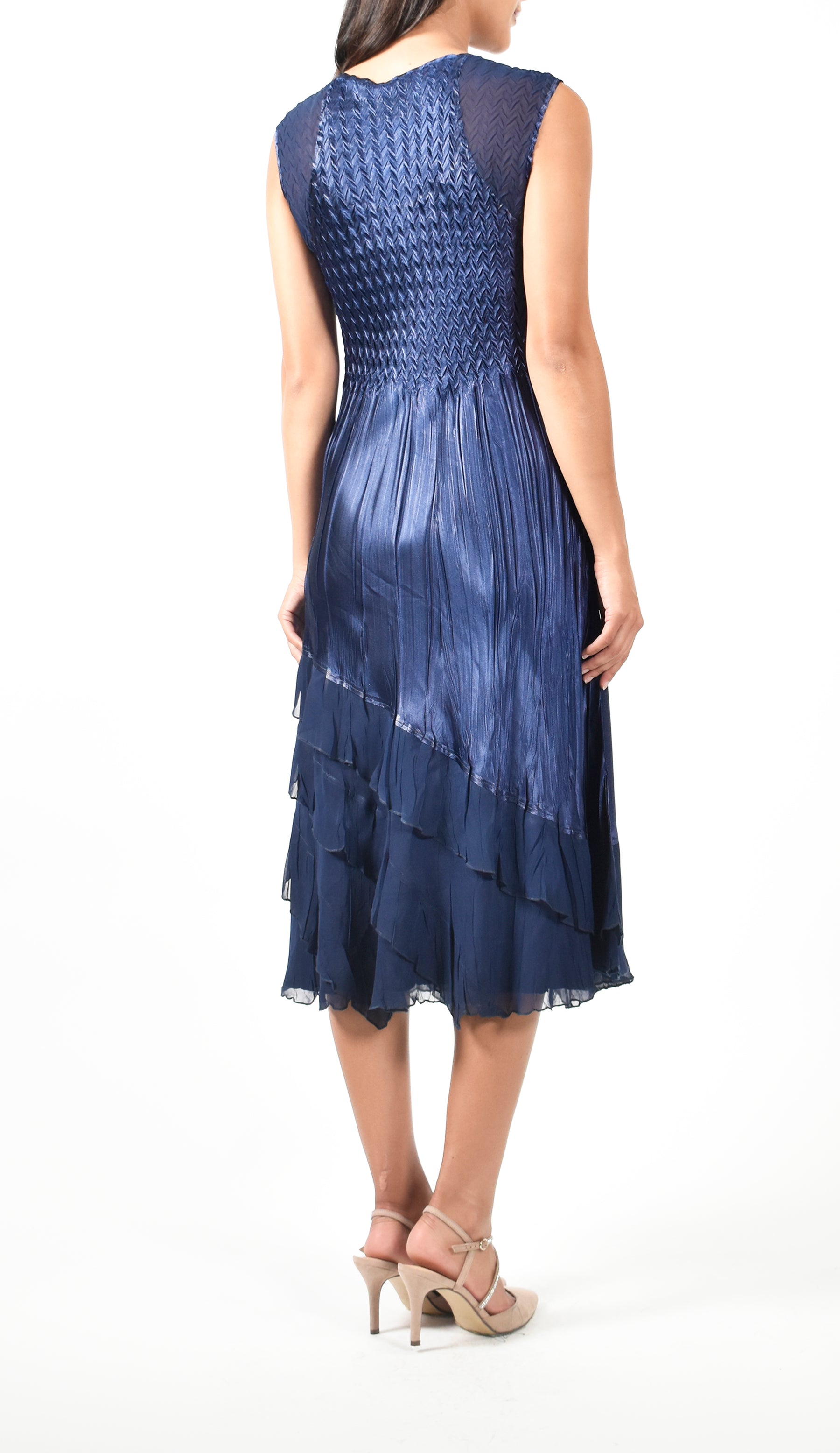 Midnight Navy Pleated Charmeuse Dress With Jacket