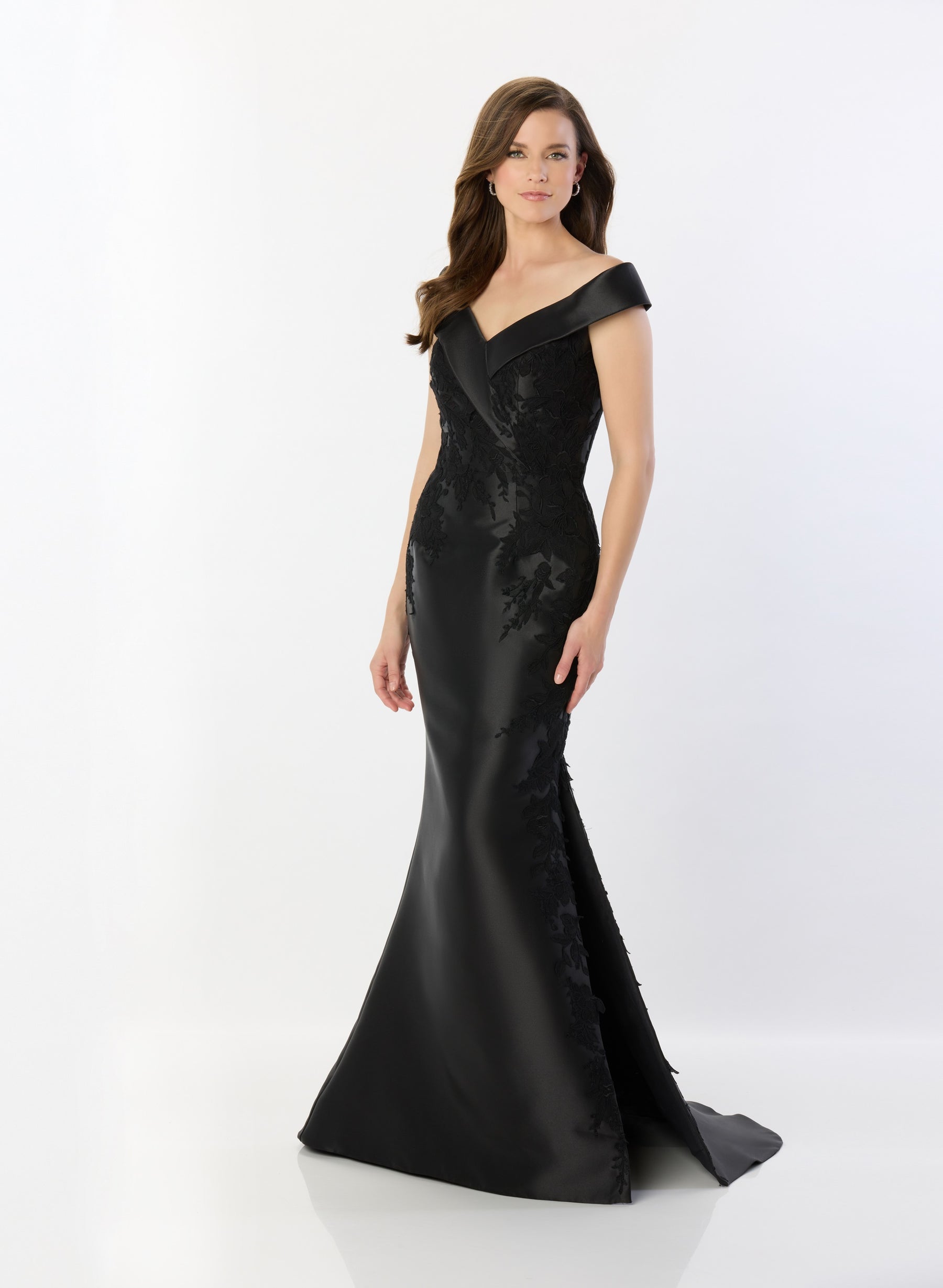 Mikado Off Shoulder Gown With Floral Appliques