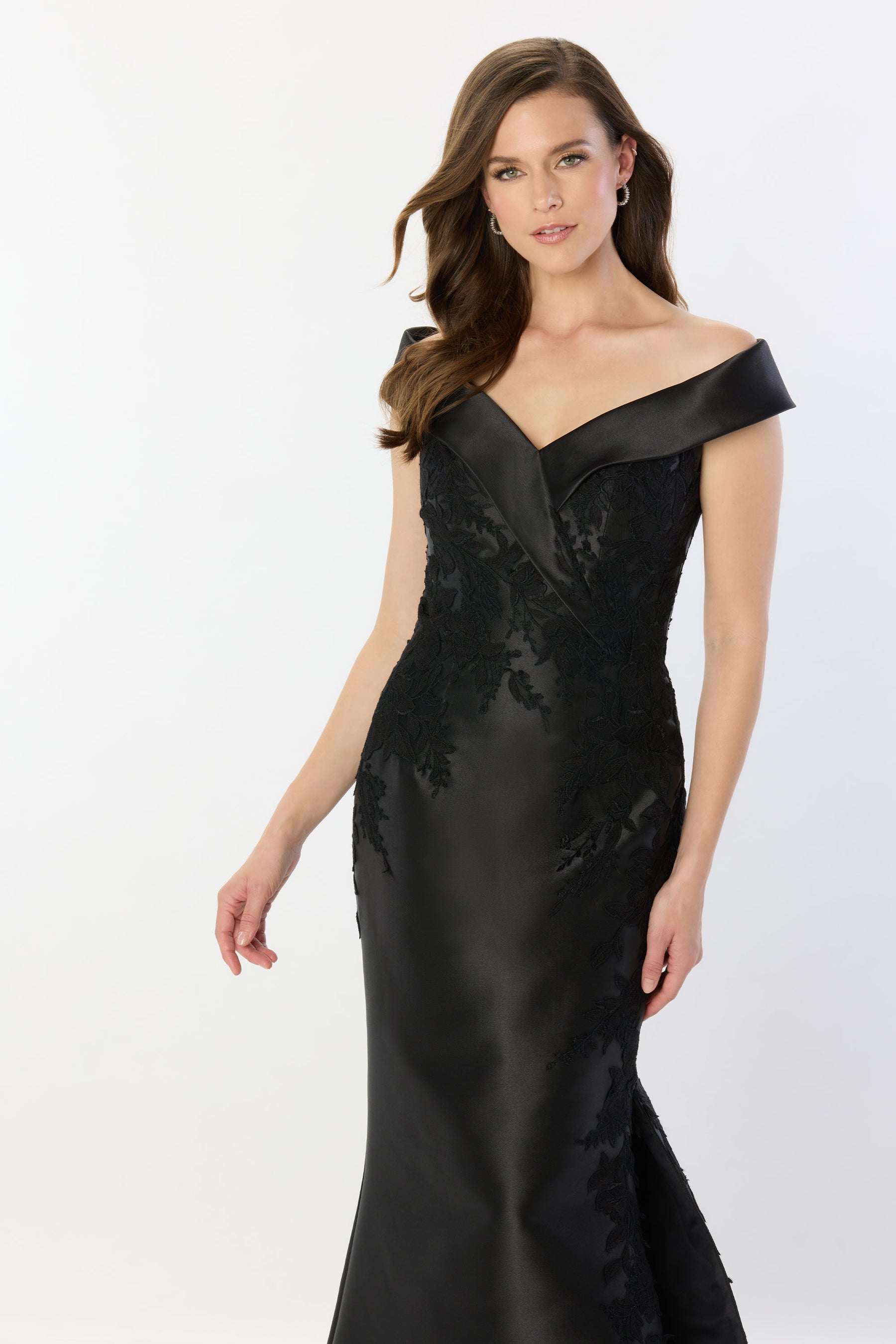 Mikado Off Shoulder Gown With Floral Appliques