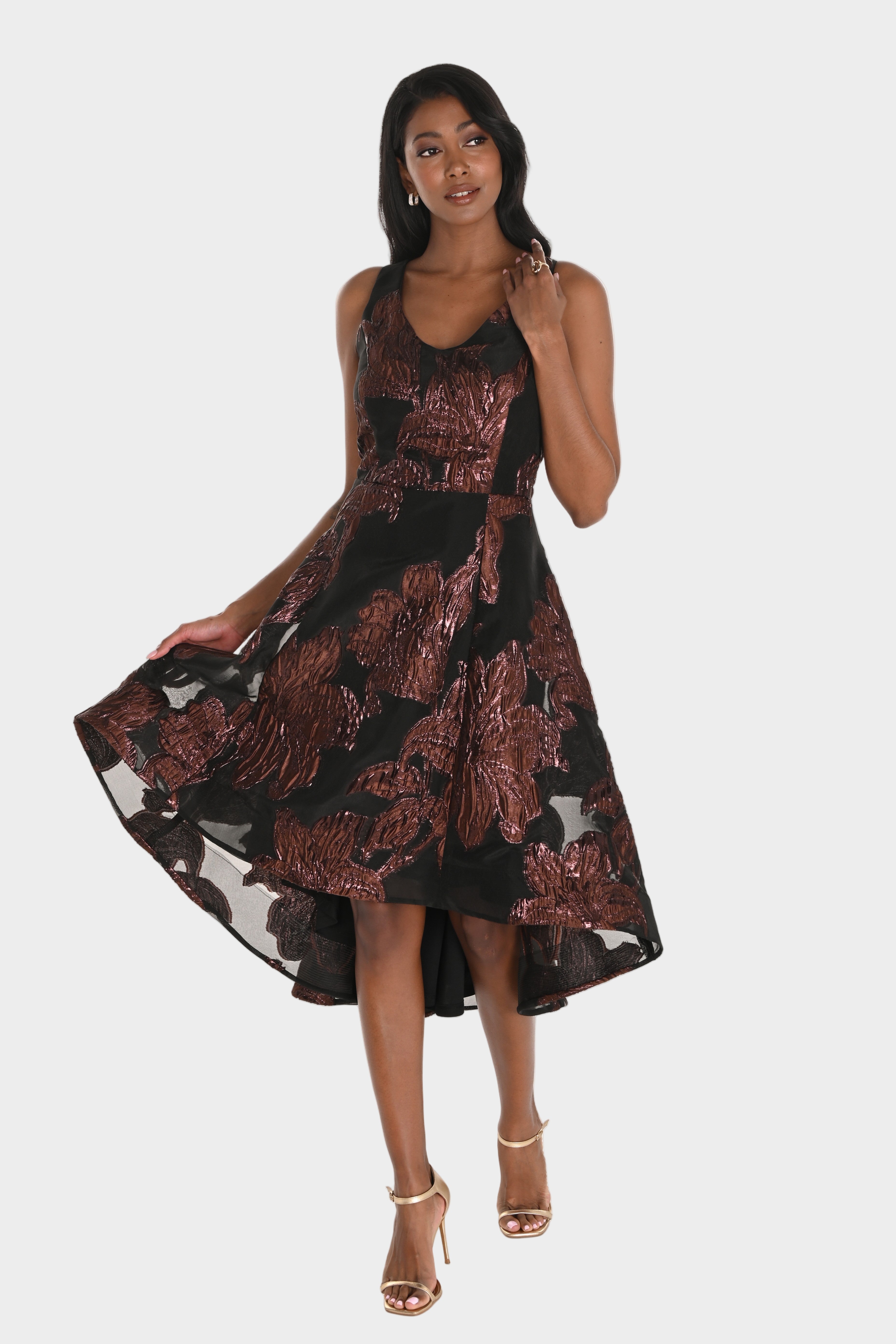 Mocha Jacquard Hi-Low Midi Dress | Lizzy's by Cathy Allan