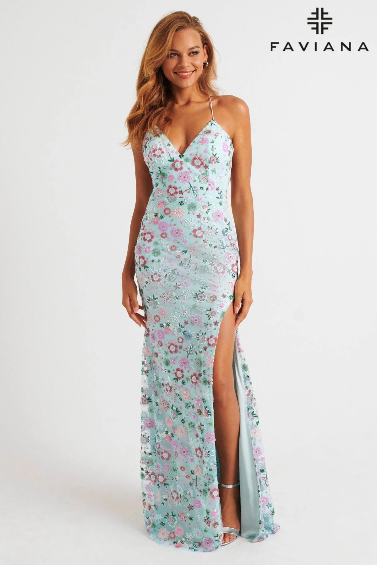 Multi Coloured Floral Beaded Gown With Lace-Up Back Multi Coloured Floral Beaded Gown With Lace-Up Back
