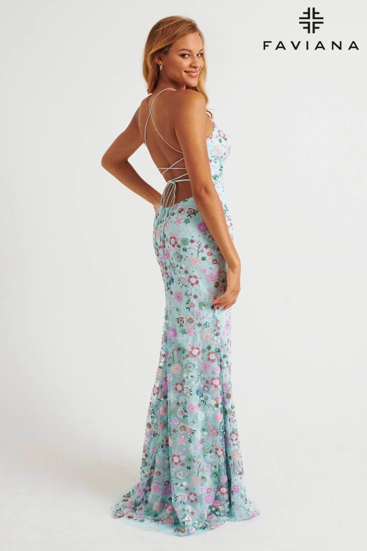 Multi Coloured Floral Beaded Gown With Lace-Up Back