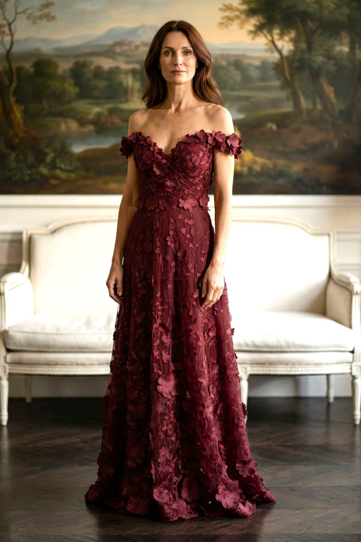 Off Shoulder 3D Floral Applique A-Line Gown