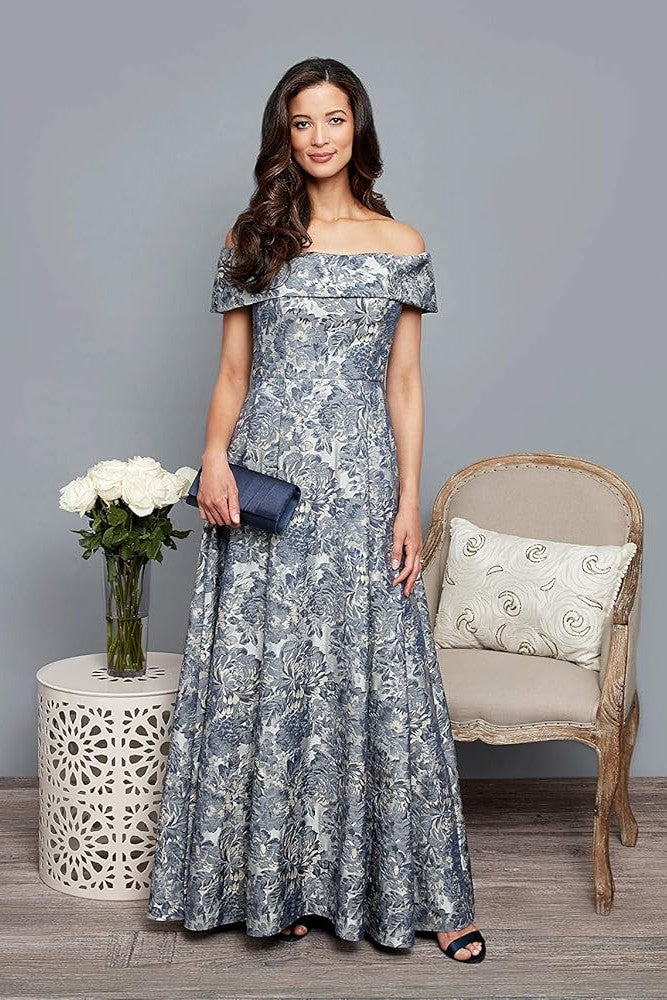 Off Shoulder Floral Brocade Gown