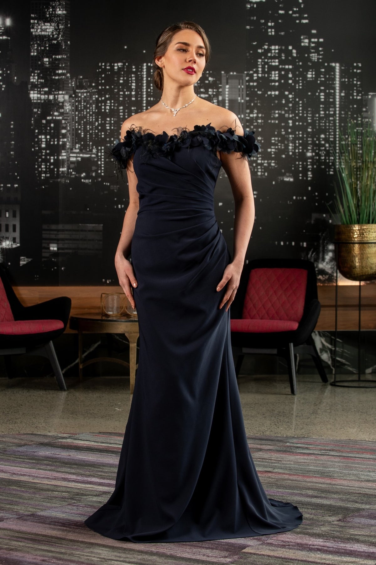 Off Shoulder Gown with 3D Flowers and Feathers