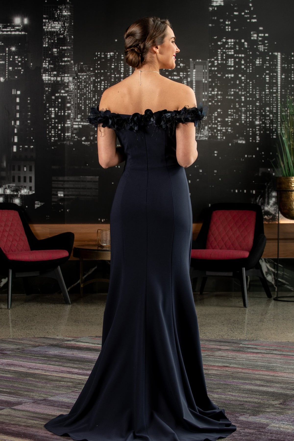 Off Shoulder Gown with 3D Flowers and Feathers