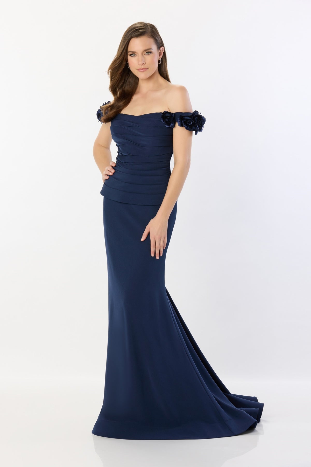 Off Shoulder Gown with Pleated Bodice and 3D Floral Accents