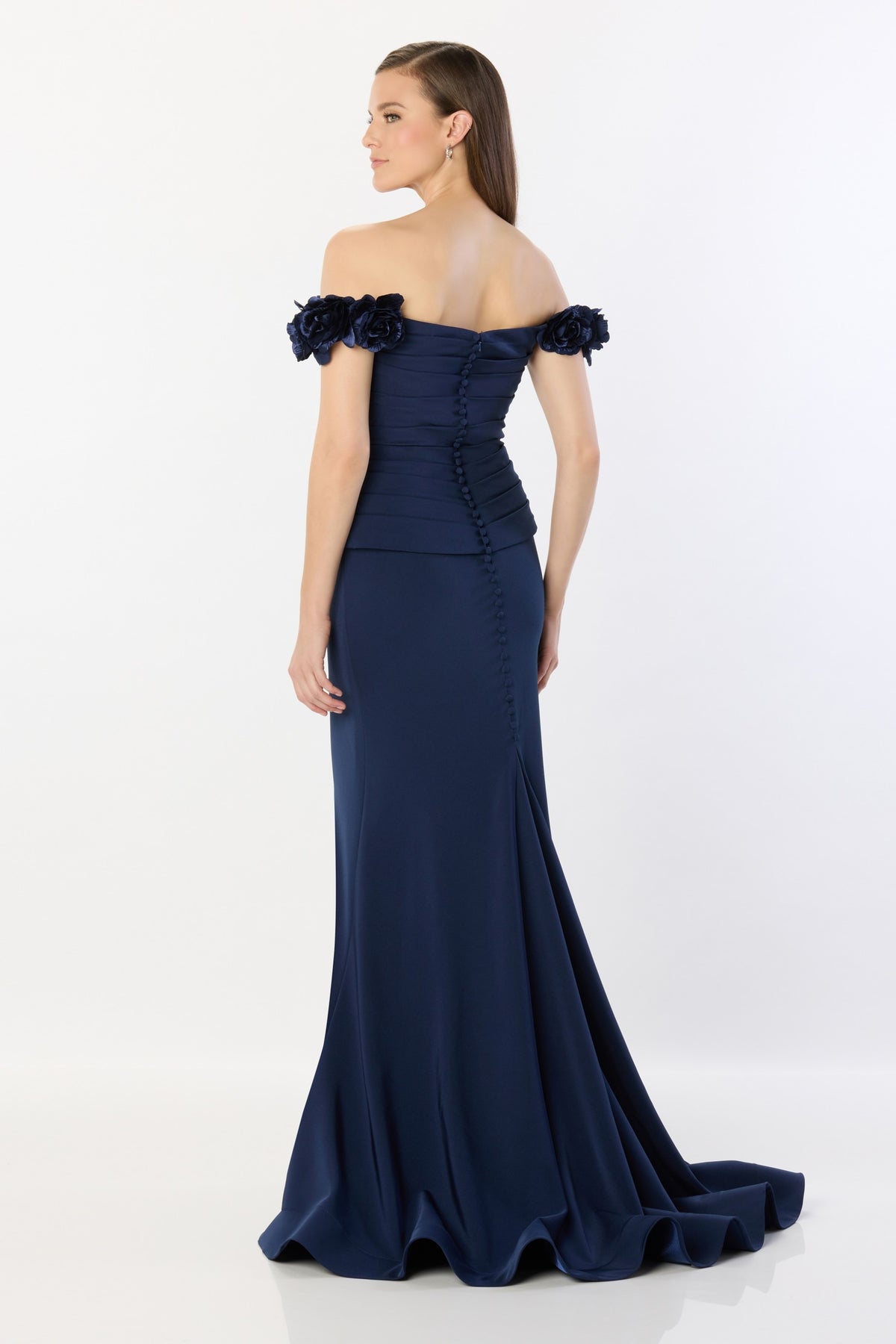Off Shoulder Gown with Pleated Bodice and 3D Floral Accents
