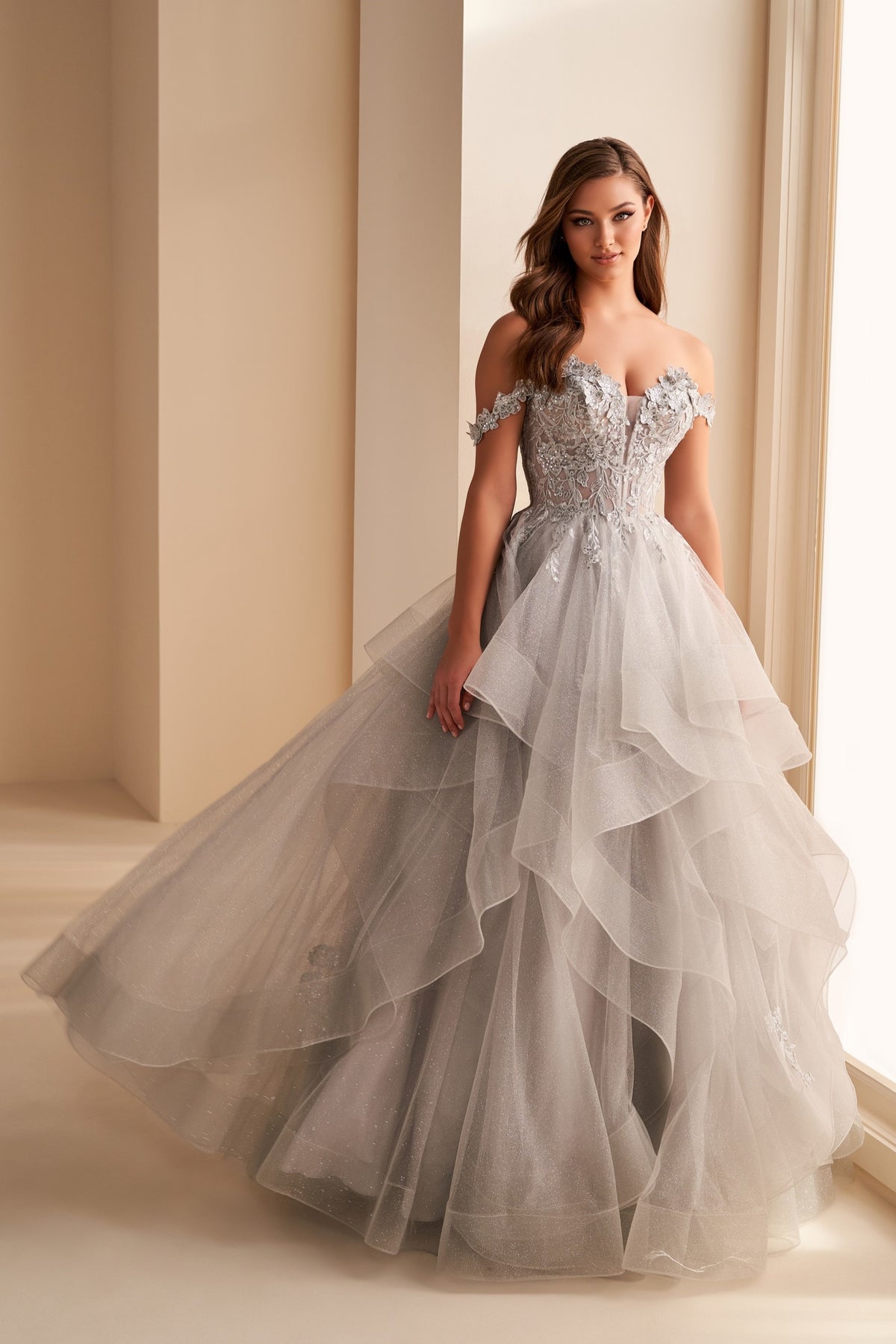 Off Shoulder Layered Tulle Gown