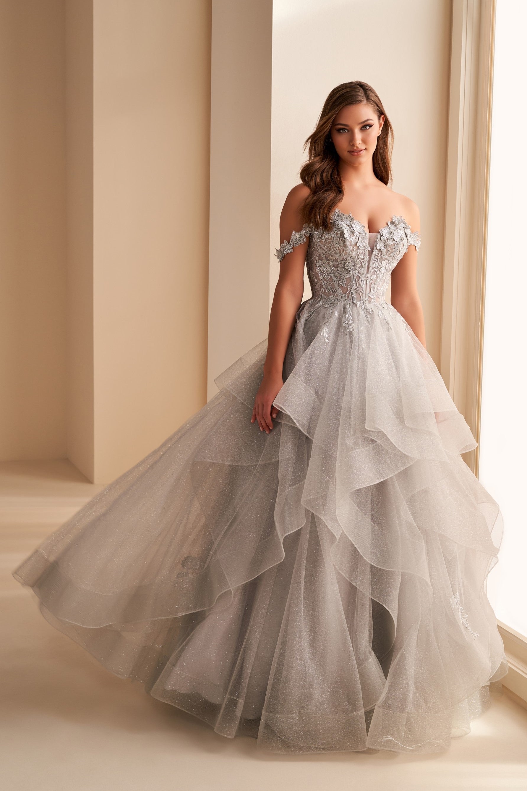 Off Shoulder Layered Tulle Gown
