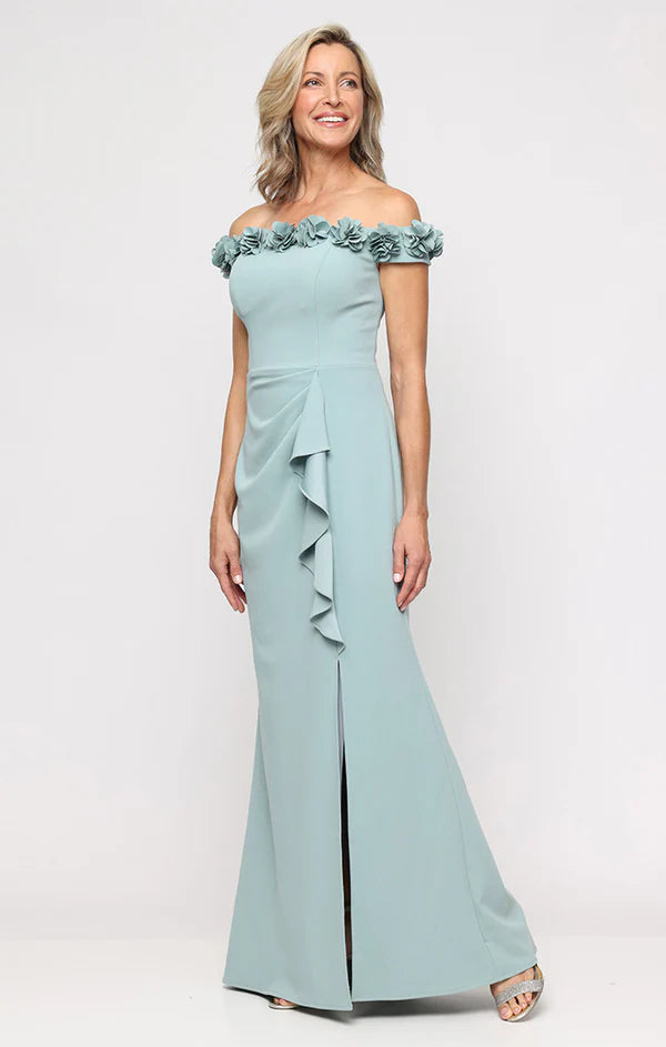 Off Shoulder Long Dress with Rosettes Neckline