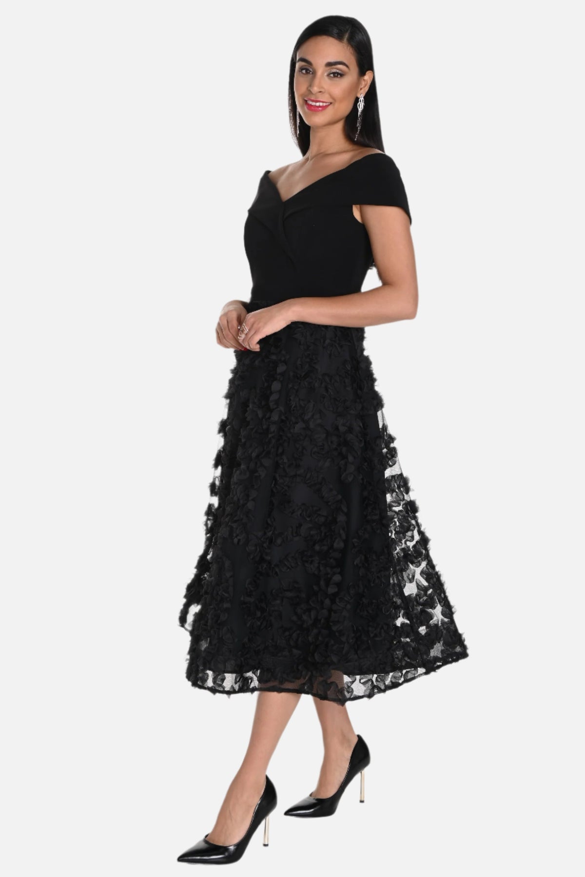 Off Shoulder Ruffled Tulle Midi Dress