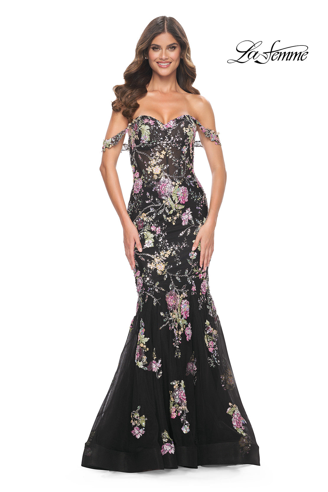 Off Shoulder Sequined Floral Mermaid Gown