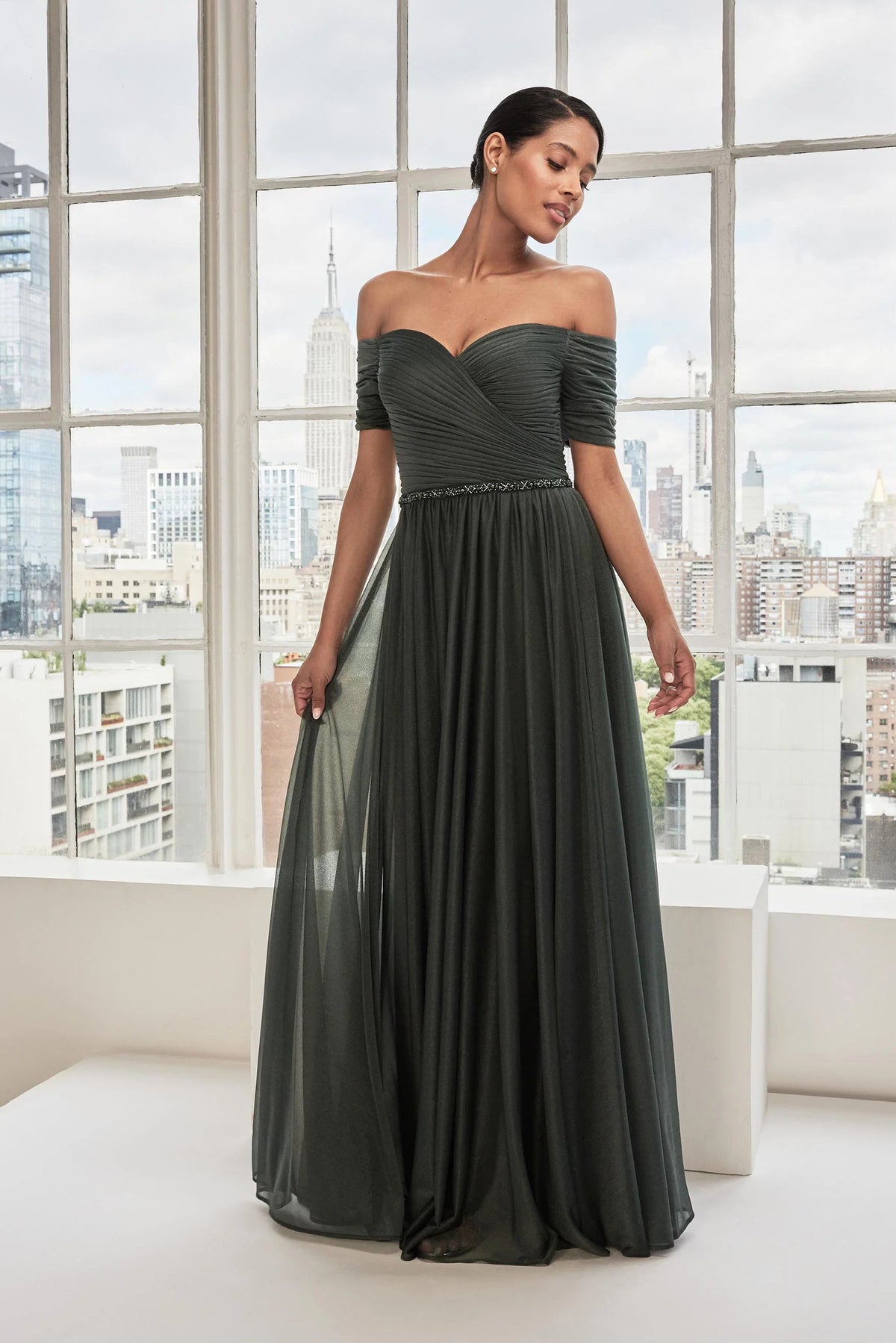 Off Shoulder Sweetheart Shimmer Mesh Gown