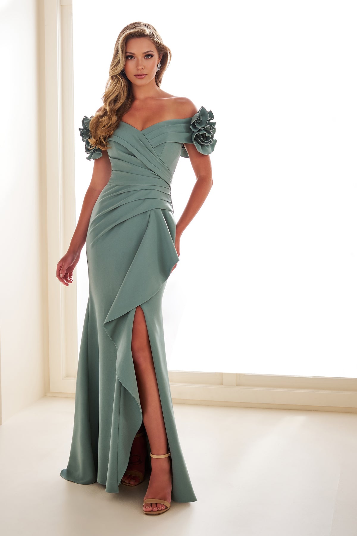 Off Shoulder Waterfall Ruffle Gown with 3D Flowers