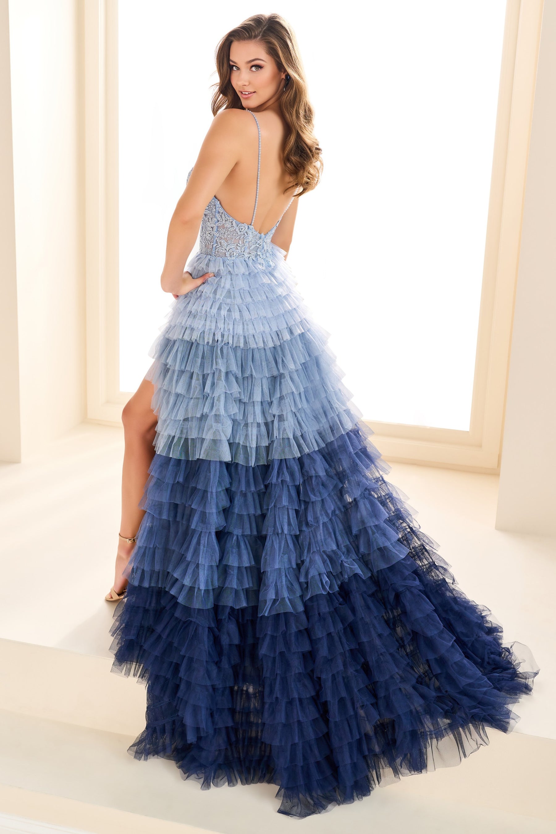 Ombre Layered Ruffle Gown With Embroidered Sheer Bodice
