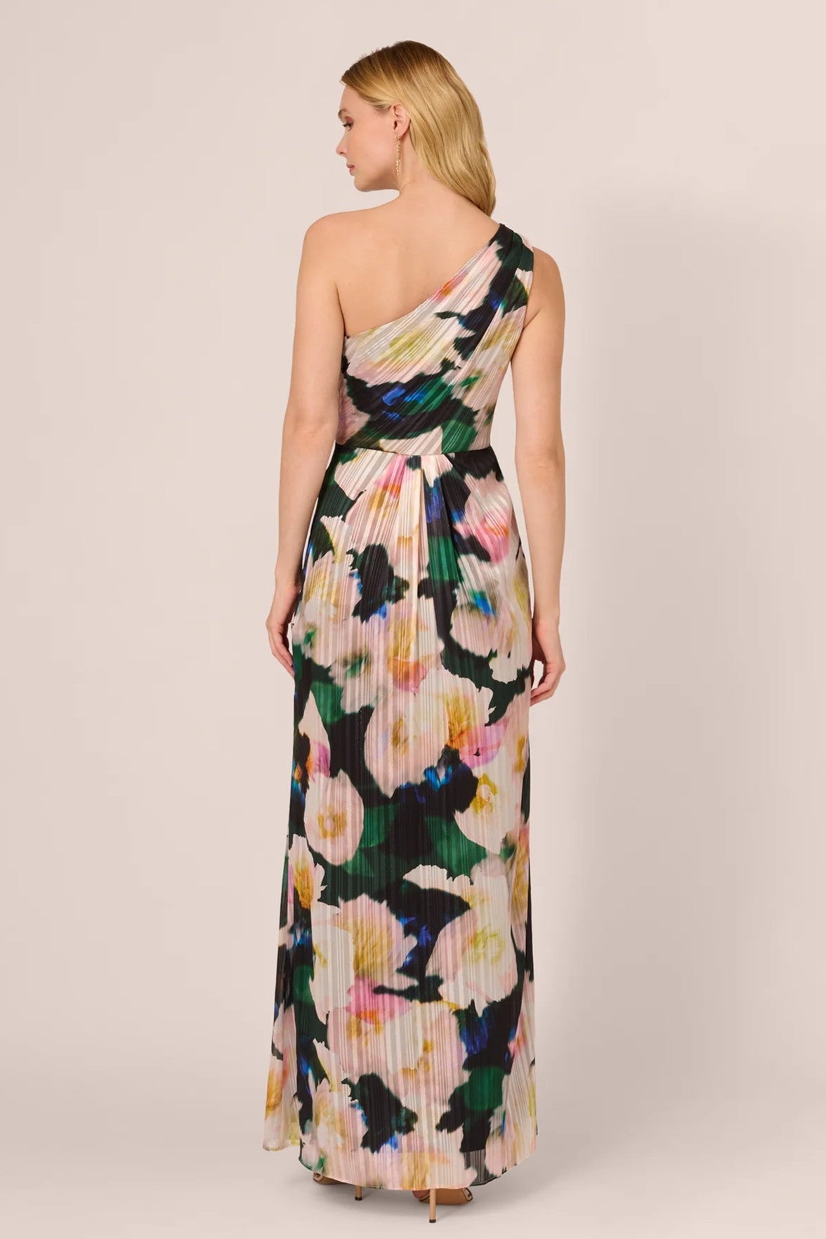 One Shoulder Floral Pleated Chiffon Gown