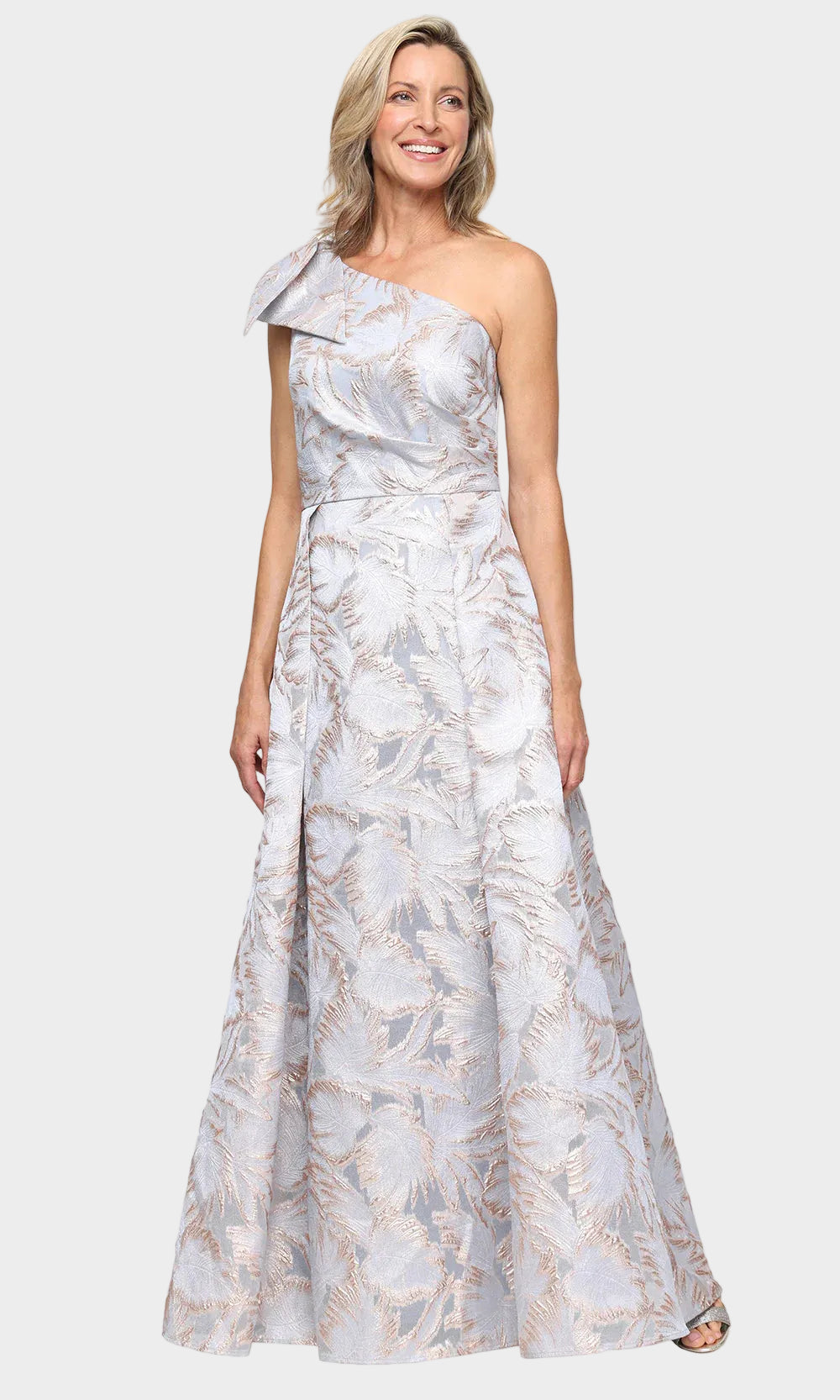 One Shoulder Jacquard Gown with Bow