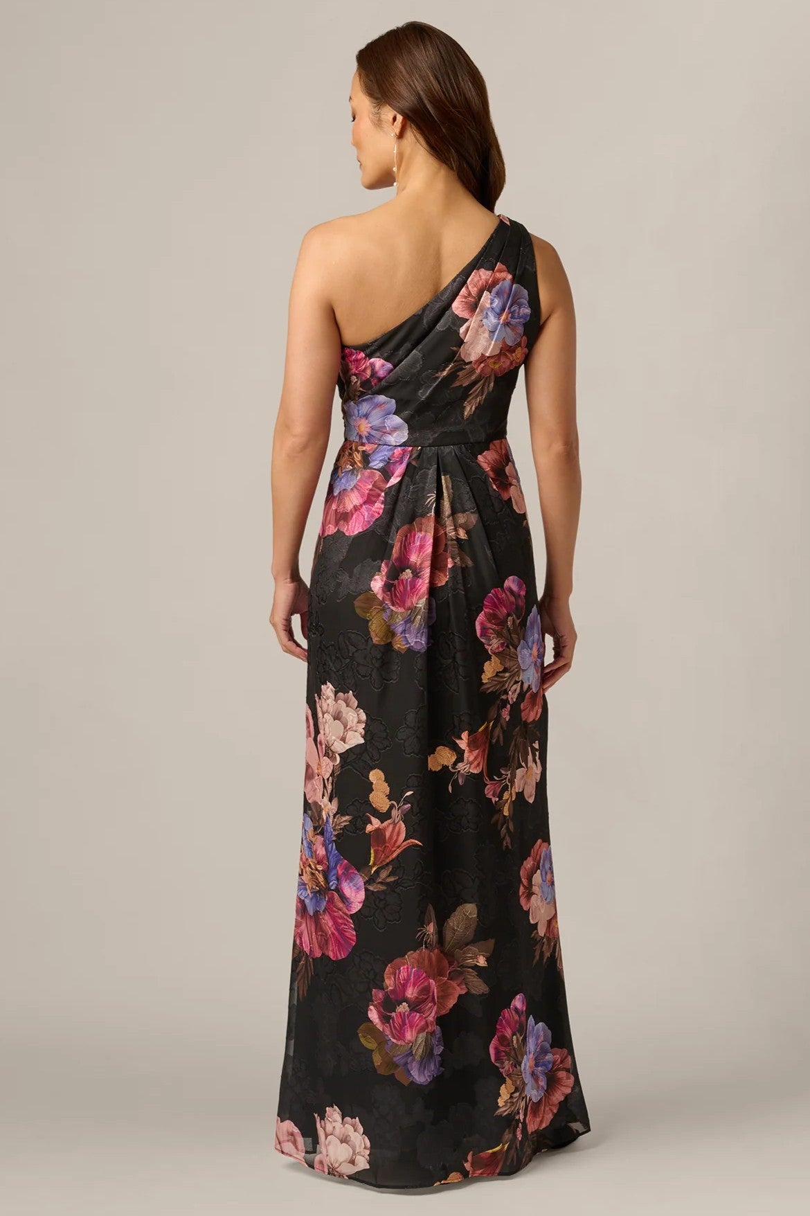 One Shoulder Knot Waist Floral Chiffon Gown