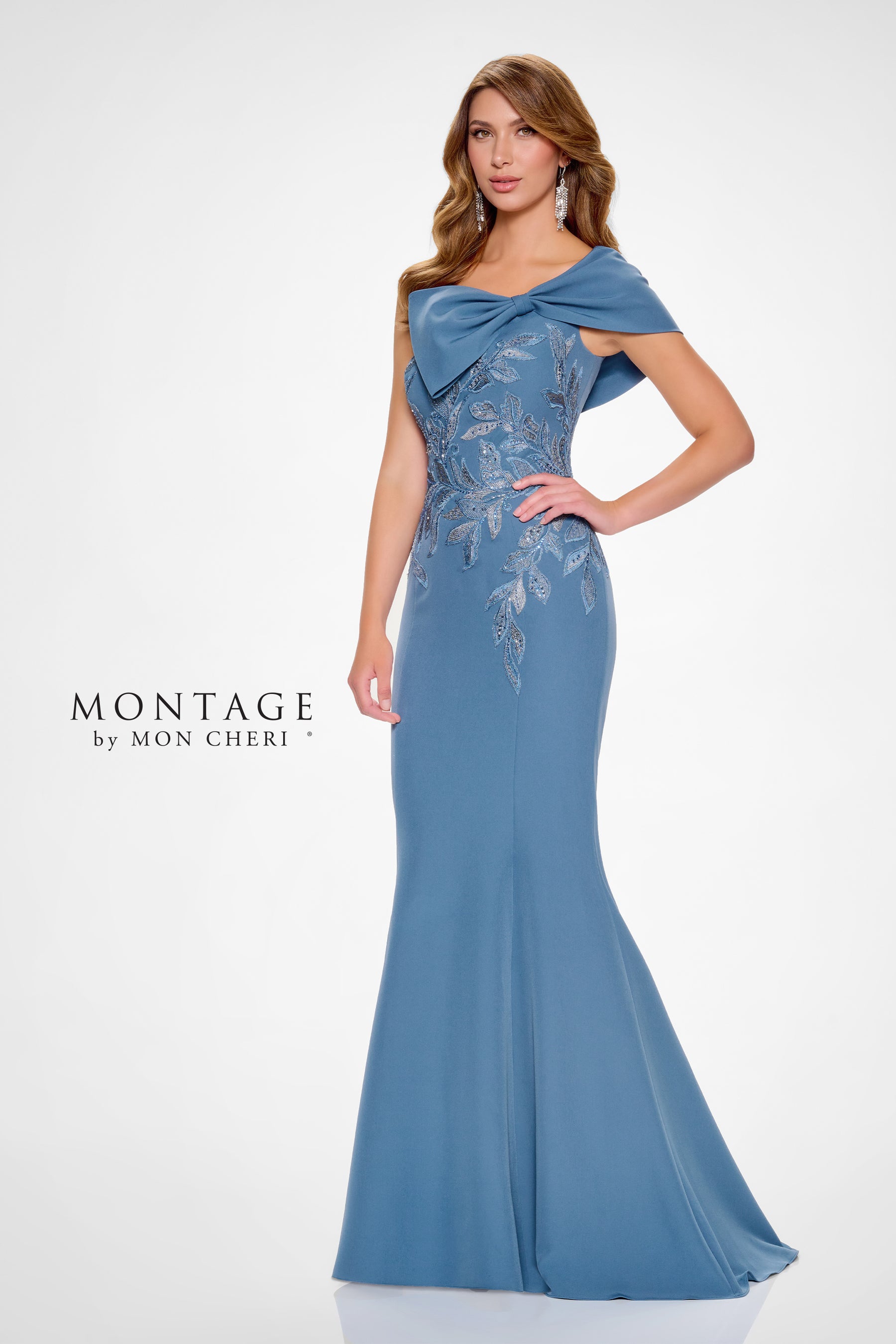 One Shoulder Lace Applique Gown With Bow Accent
