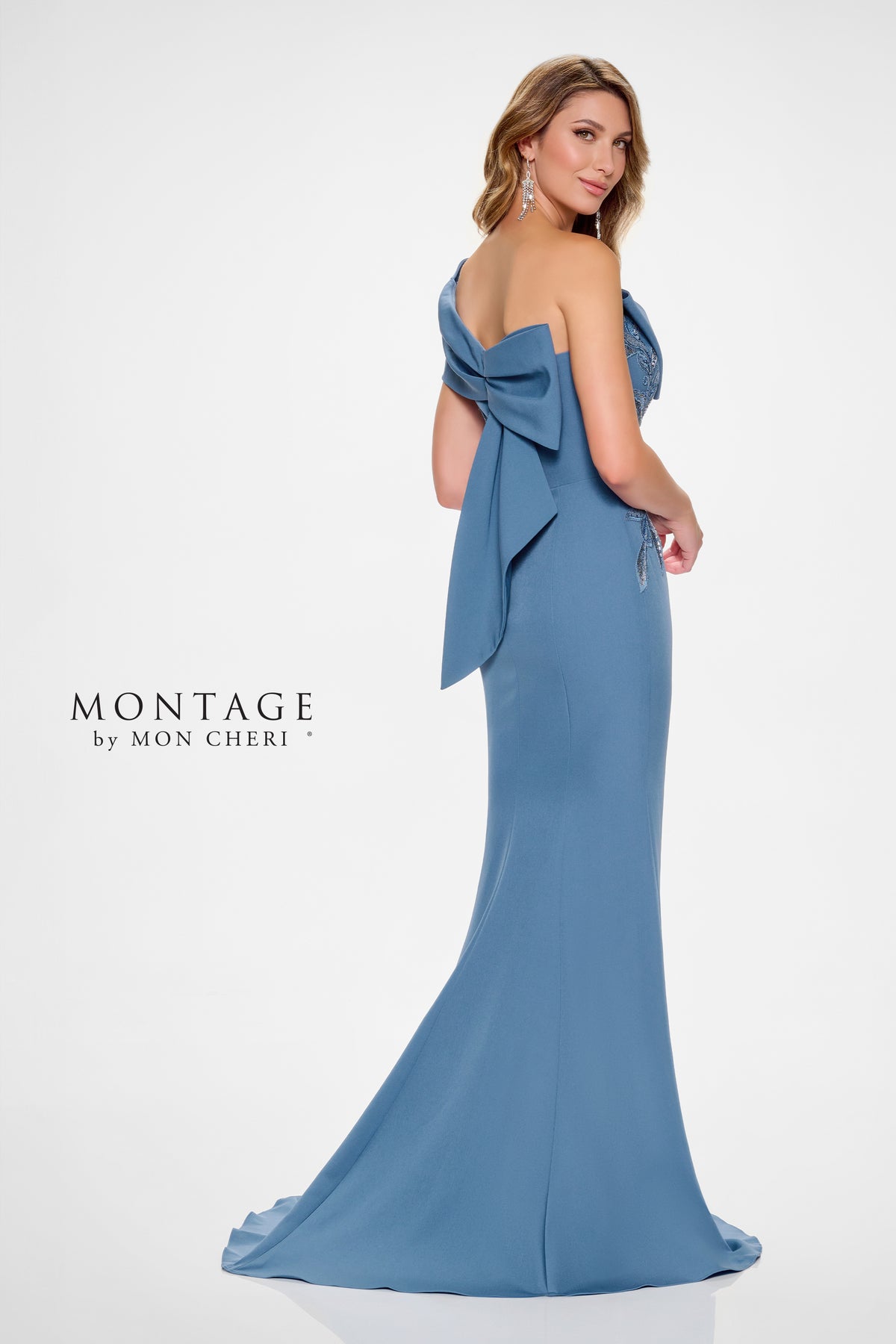 One Shoulder Lace Applique Gown With Bow Accent