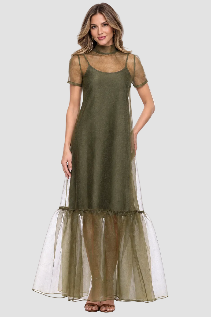 Organza Mock Neck Two Piece Dress