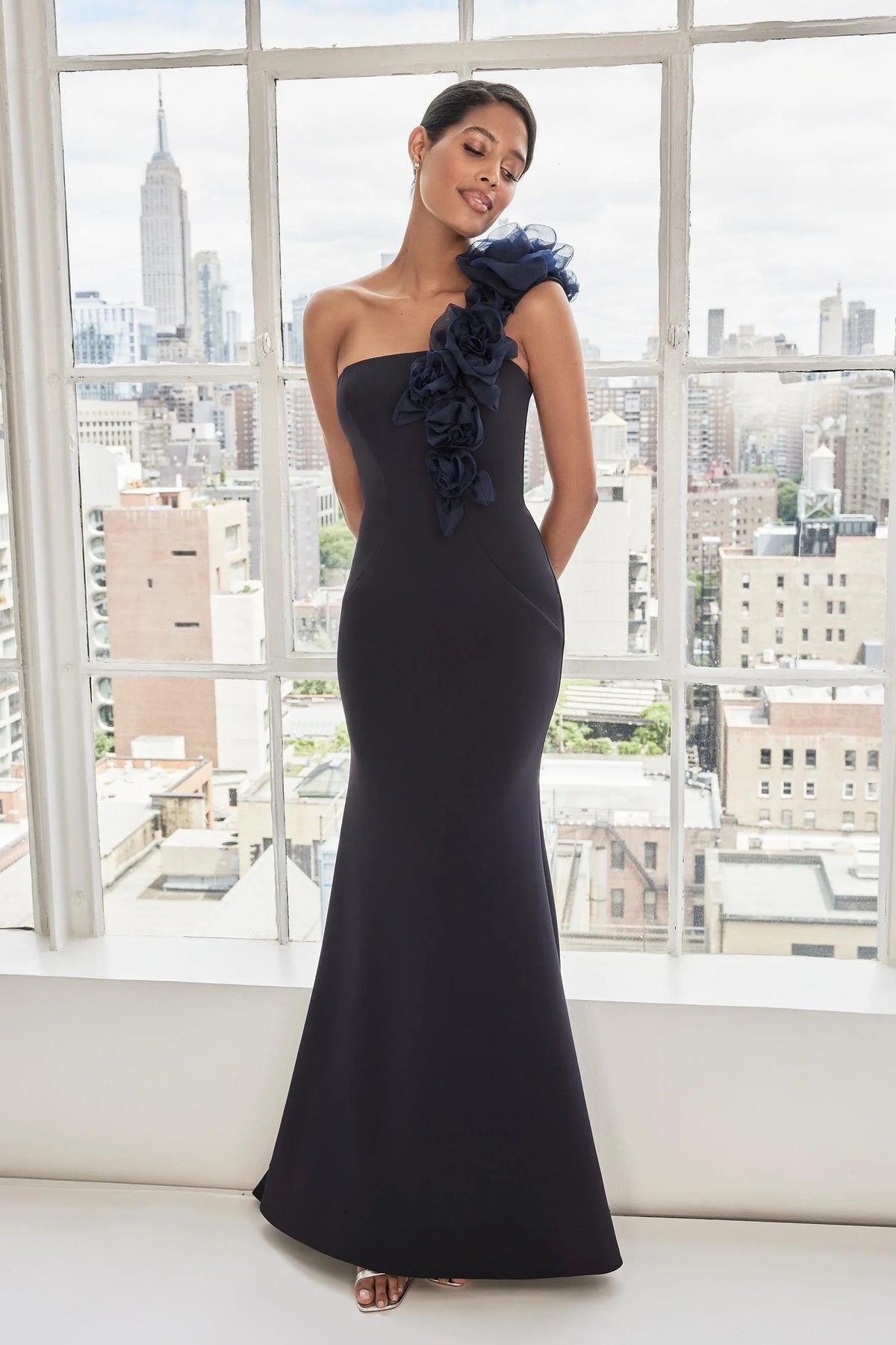 Organza Rosettes One Shoulder Gown