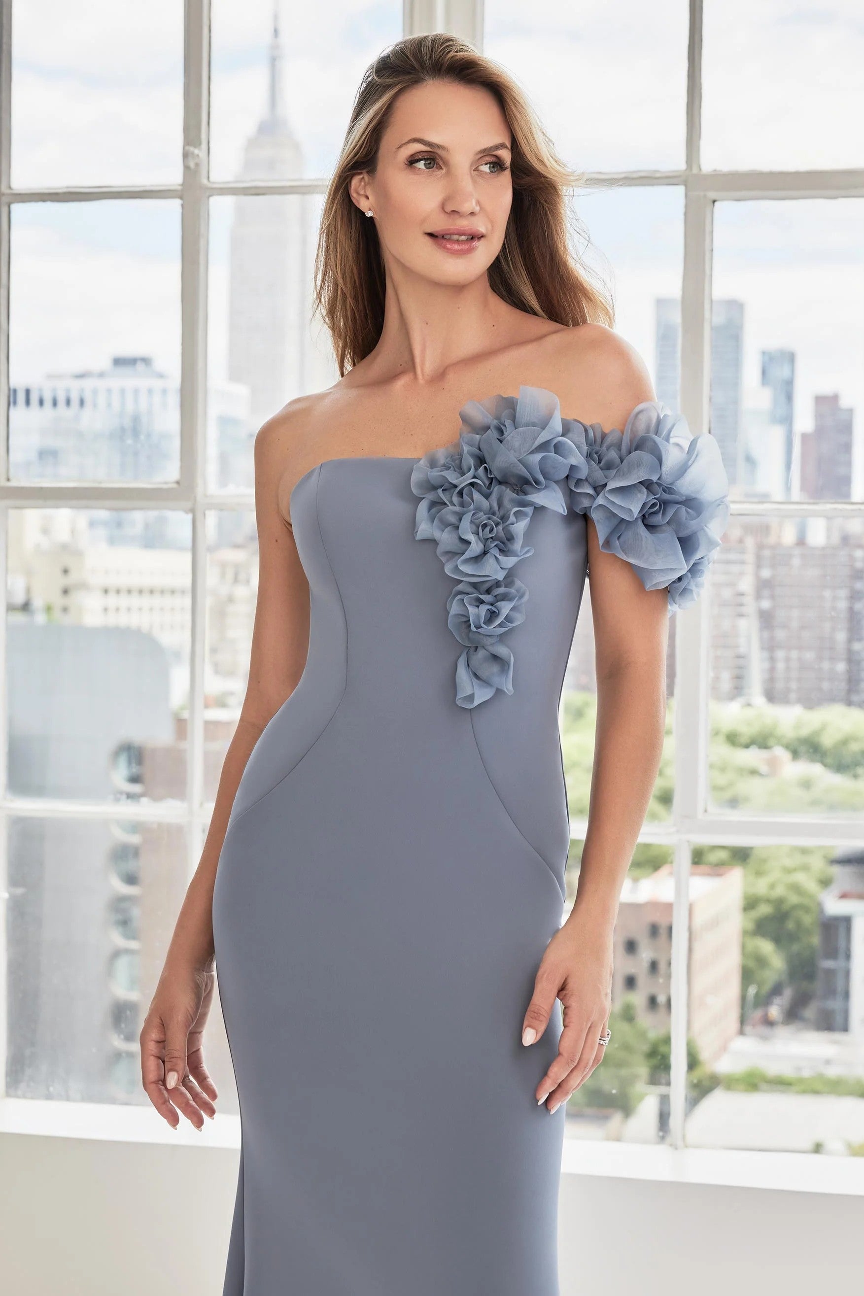 Organza Rosettes One Shoulder Gown