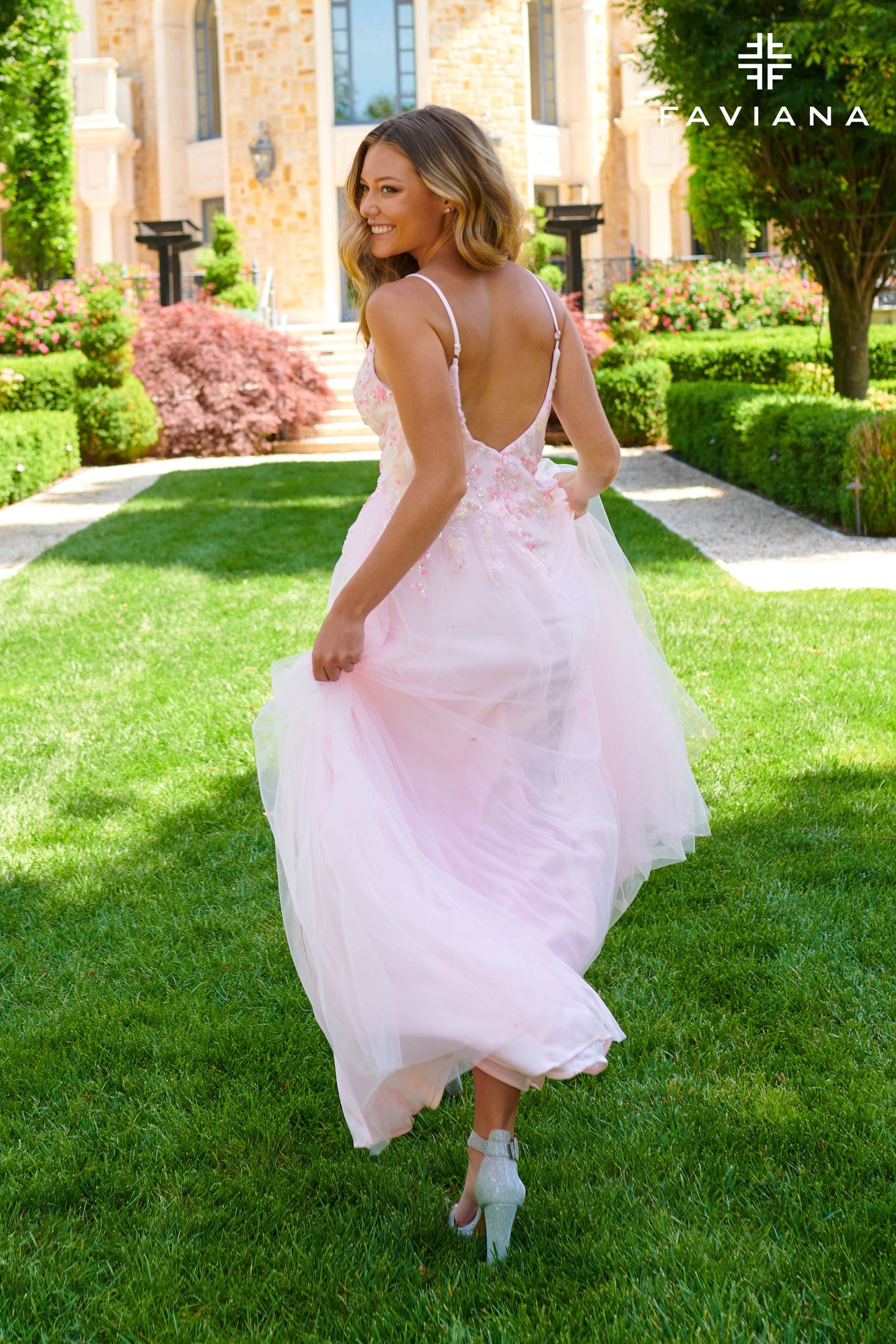Pastel V-Neck Gown With Beaded Bodice