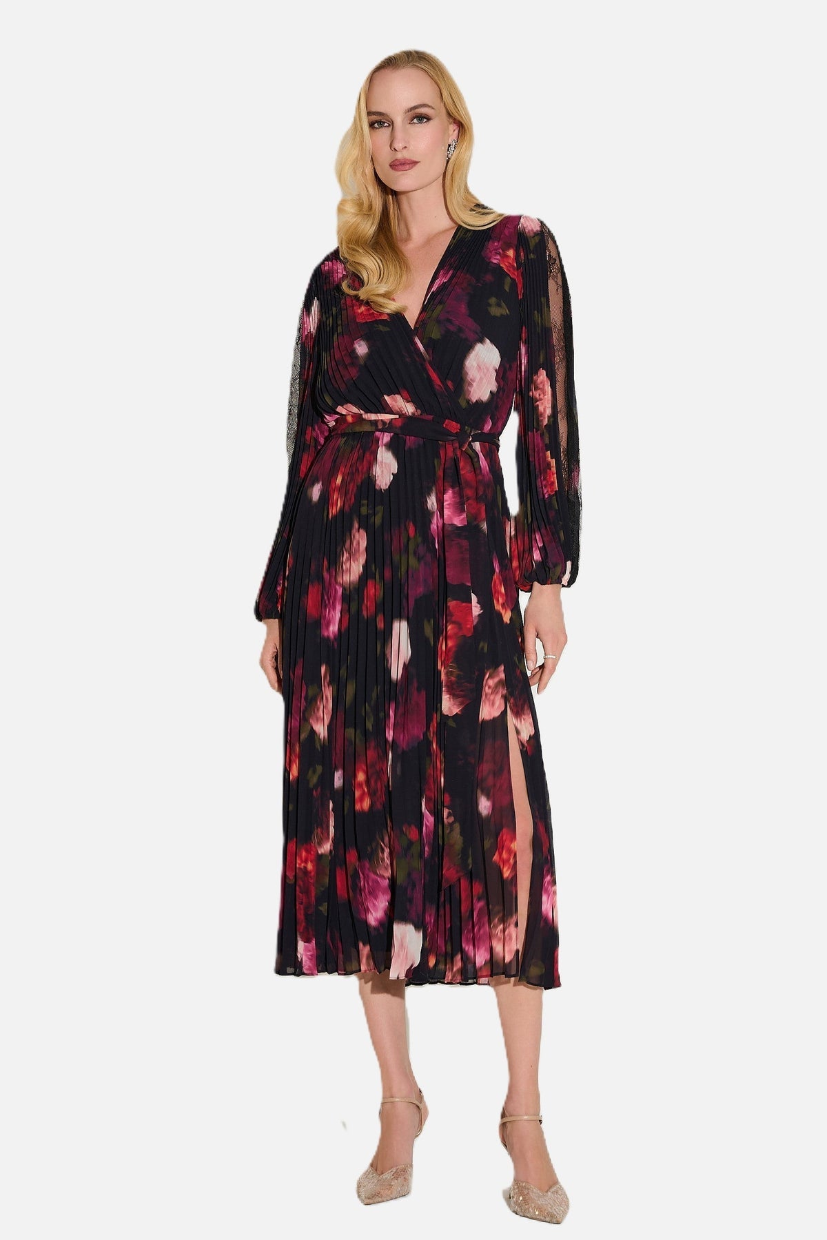 Pleated Chiffon Floral Fit & Flare Dress
