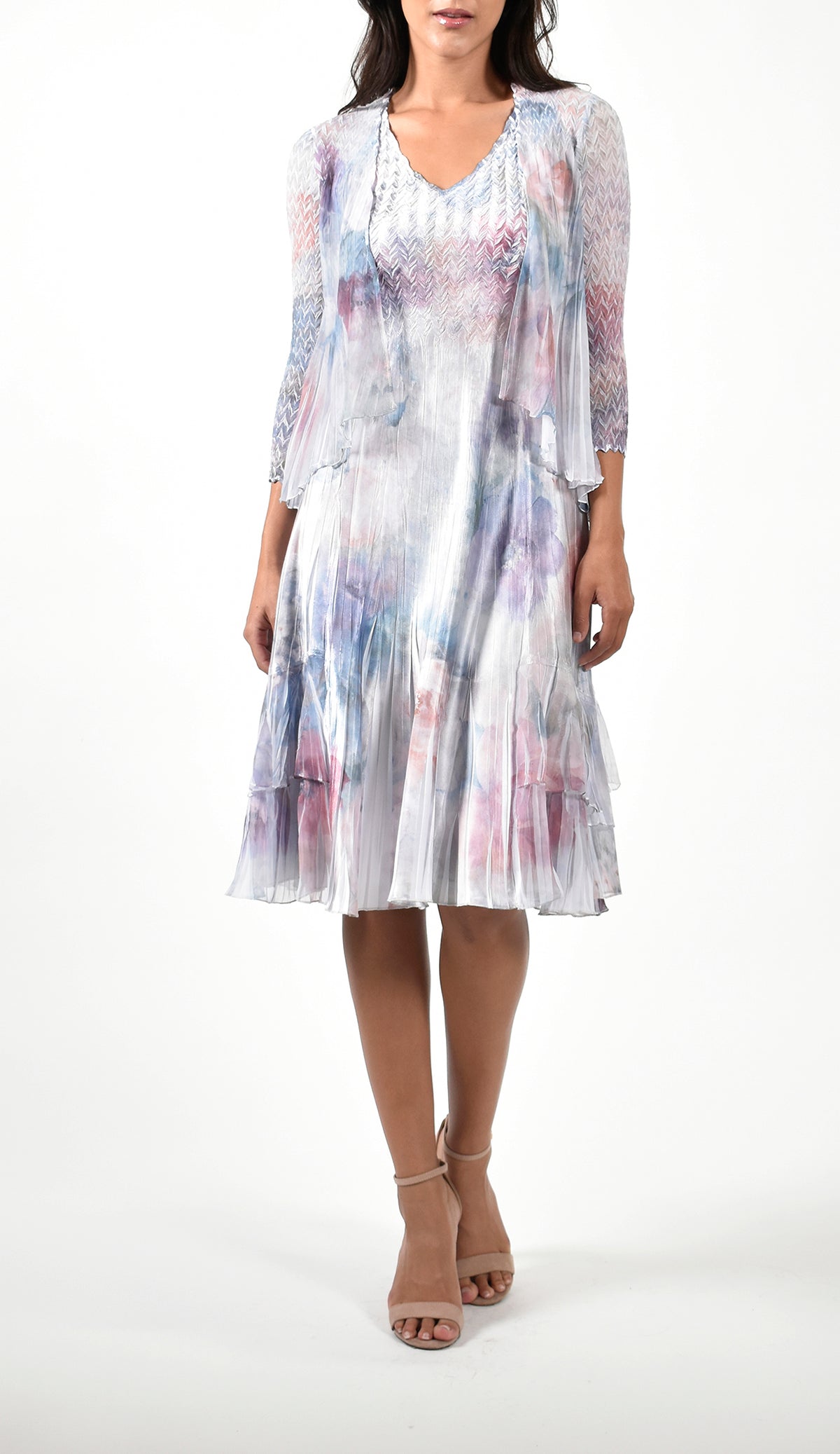 Pleated Pastel Floral Dress With Jacket