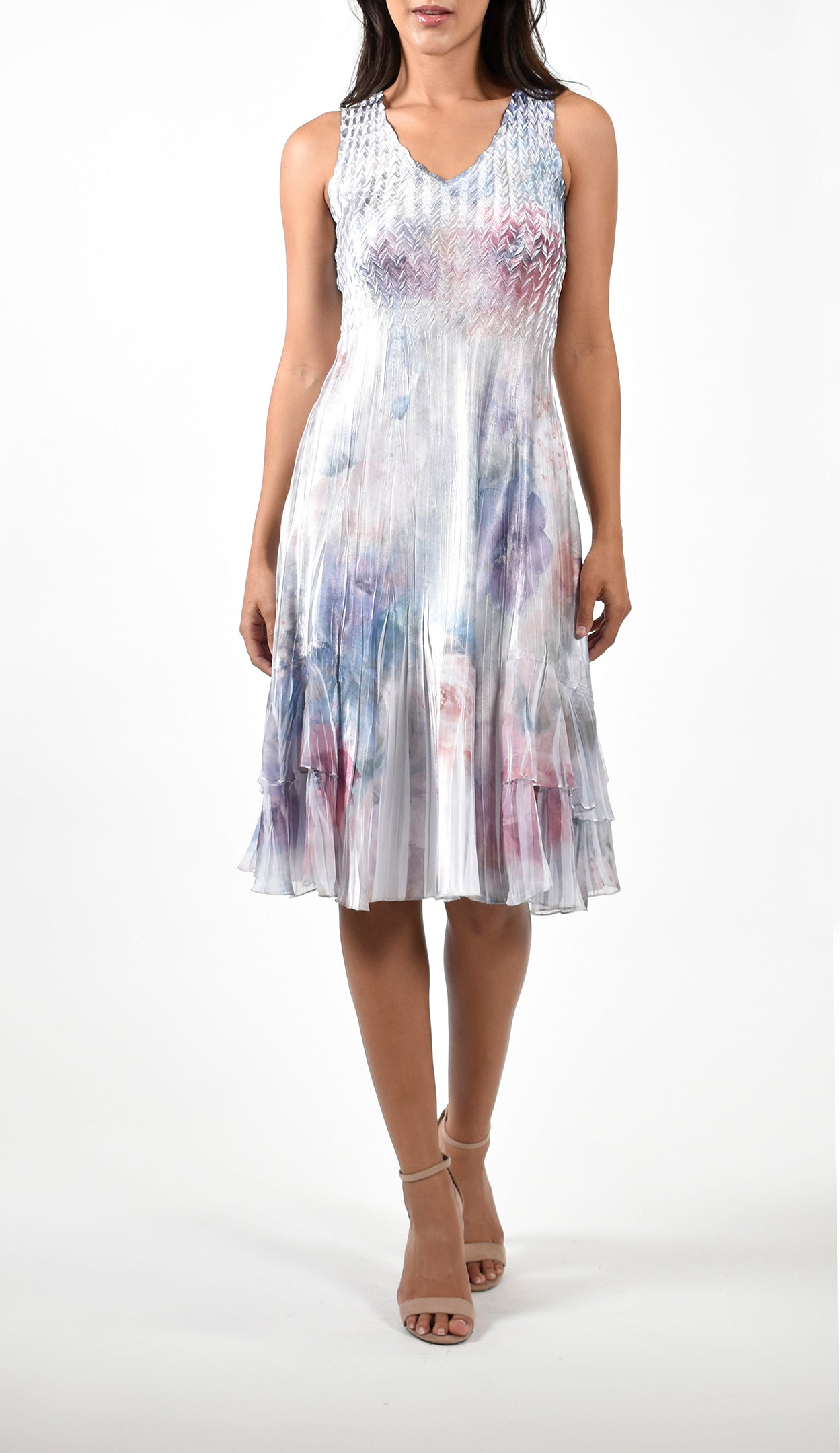 Pleated Pastel Floral Dress With Jacket