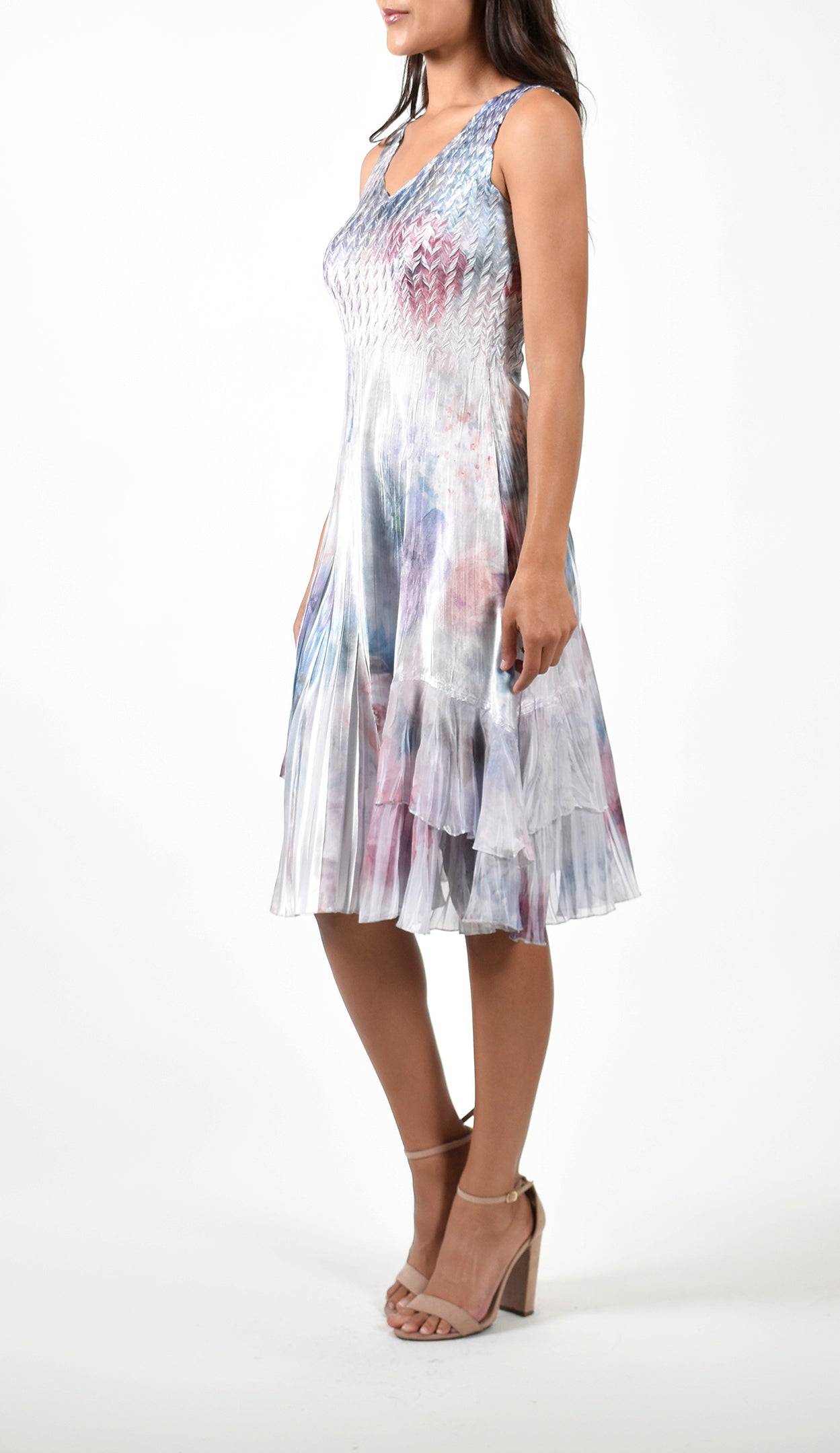 Pleated Pastel Floral Dress With Jacket