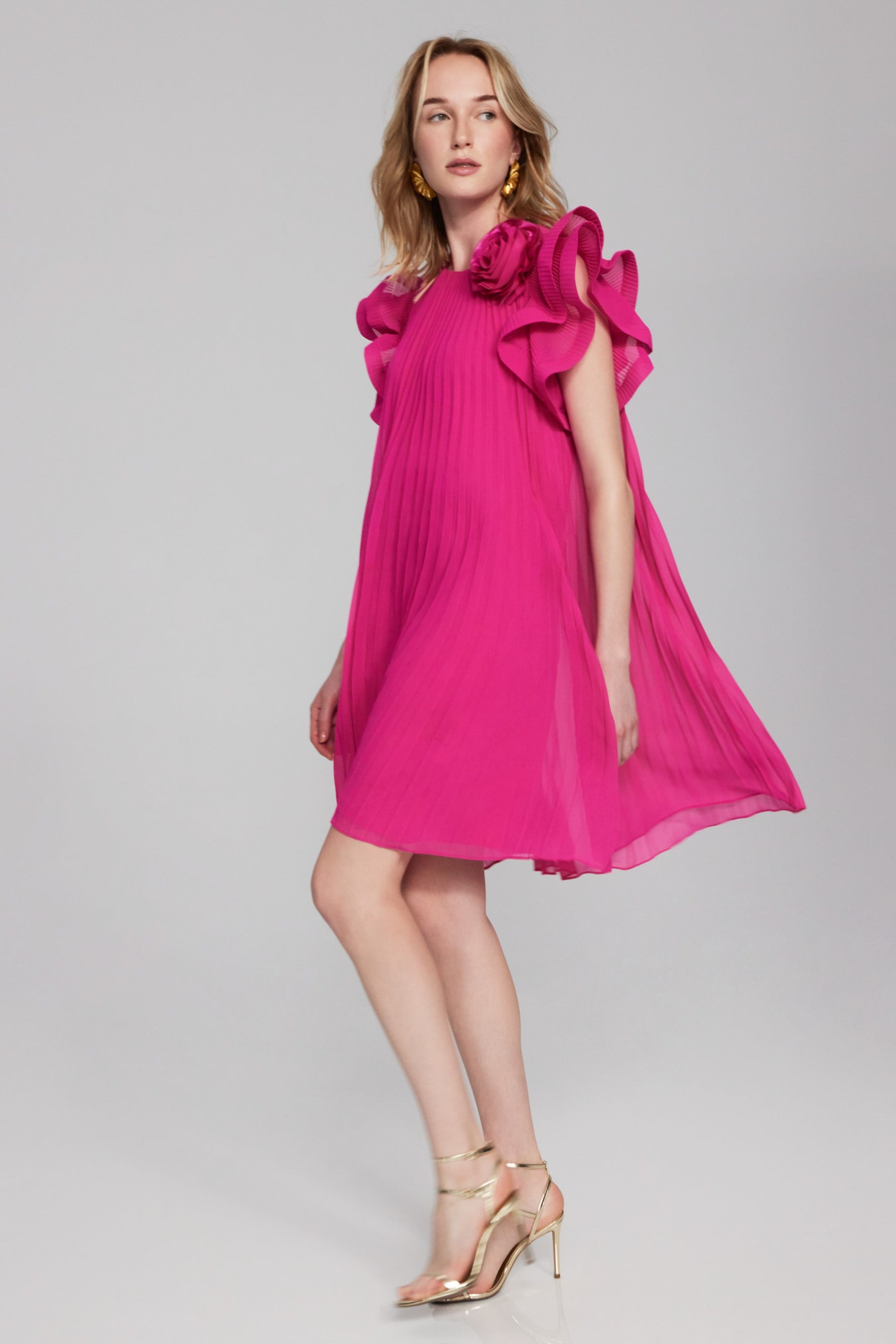 Pleated Swing Dress With Organza Floral Detail