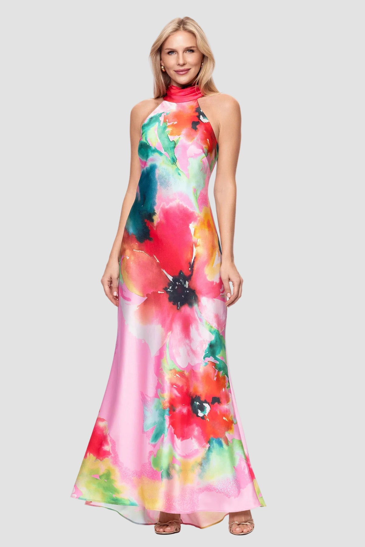 Poppy Print Satin Halter Maxi Dress