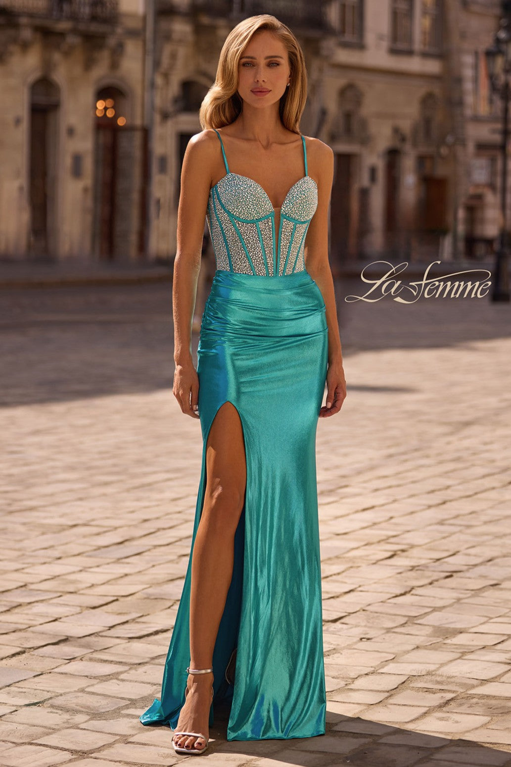 Rhinestone Embellished Corset Metallic Jersey Gown