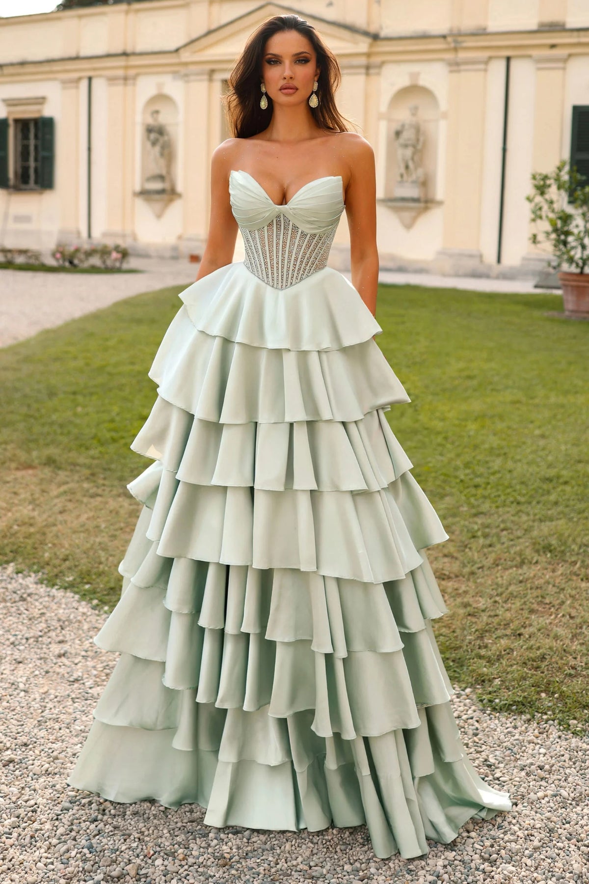 Rhinestone Illusion Layered Corset Gown