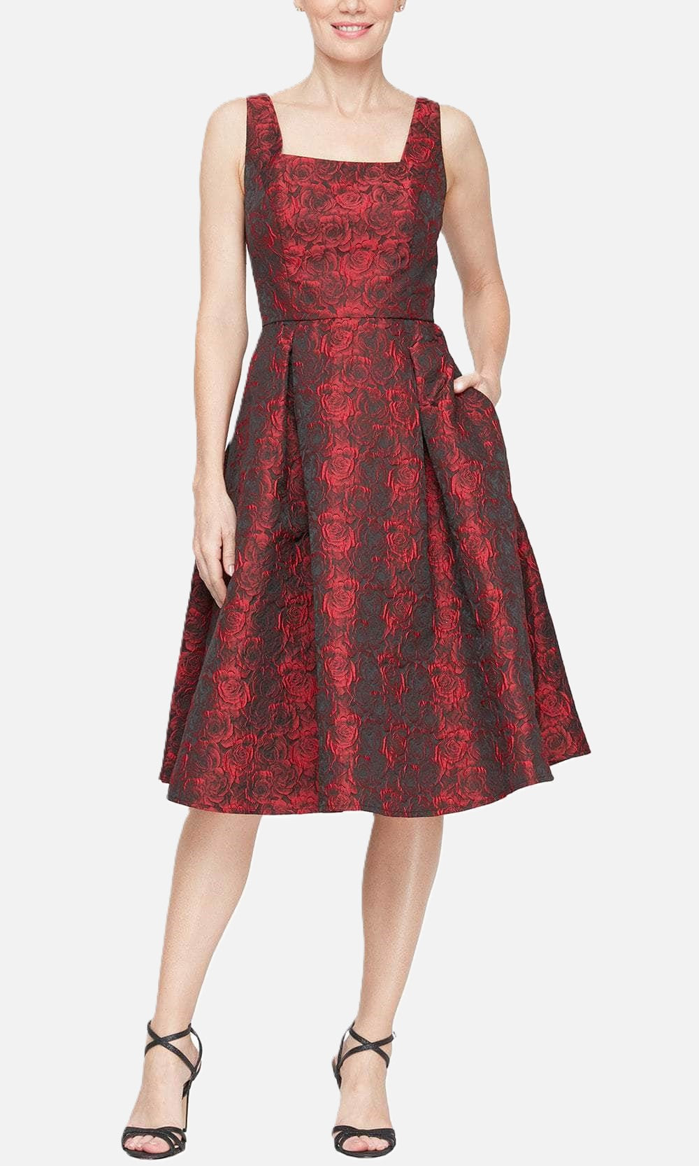 Rose Jacquard Square Neck Midi Dress