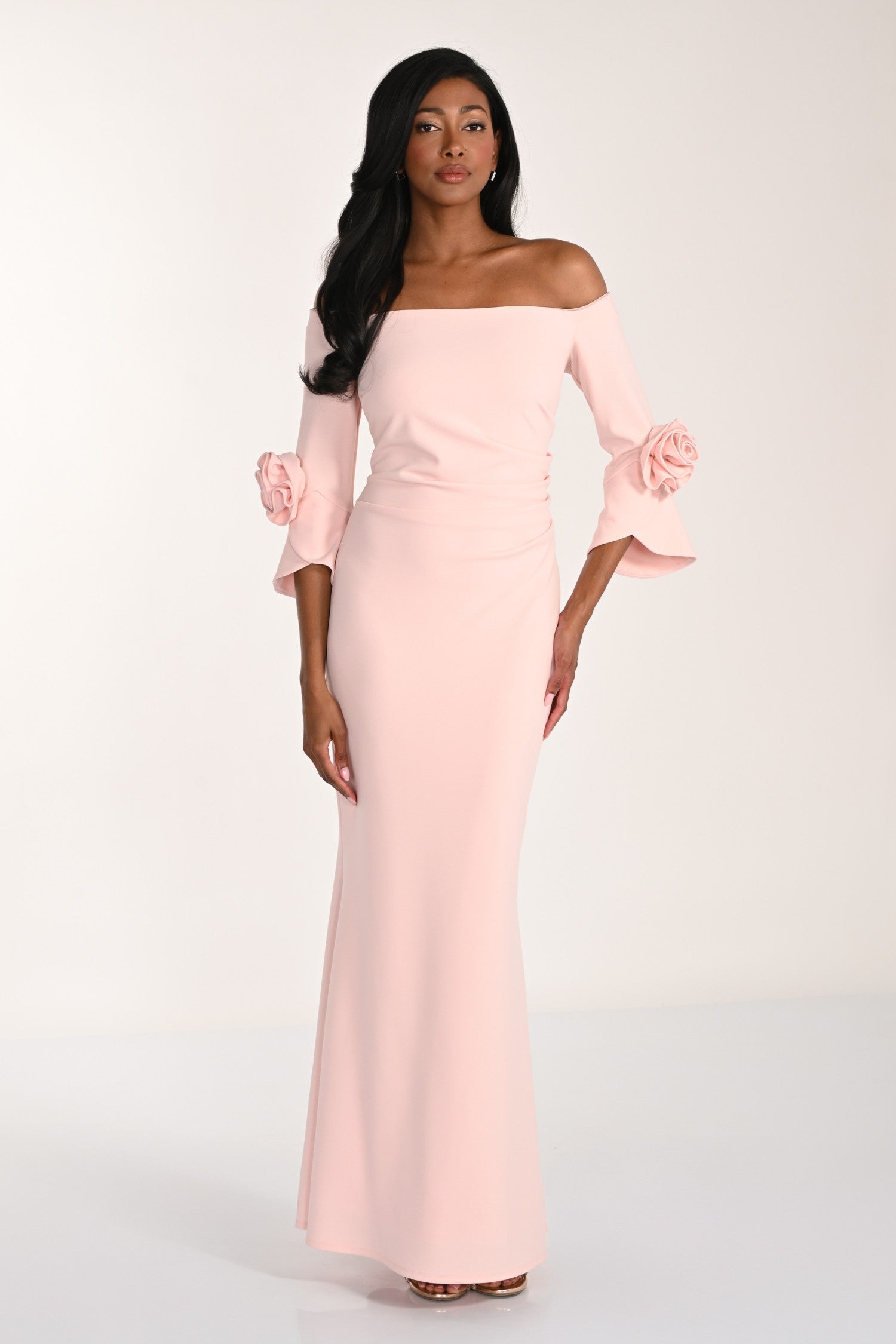 pink bell sleeve dress Rosette Bell Sleeve Side Ruched Dress